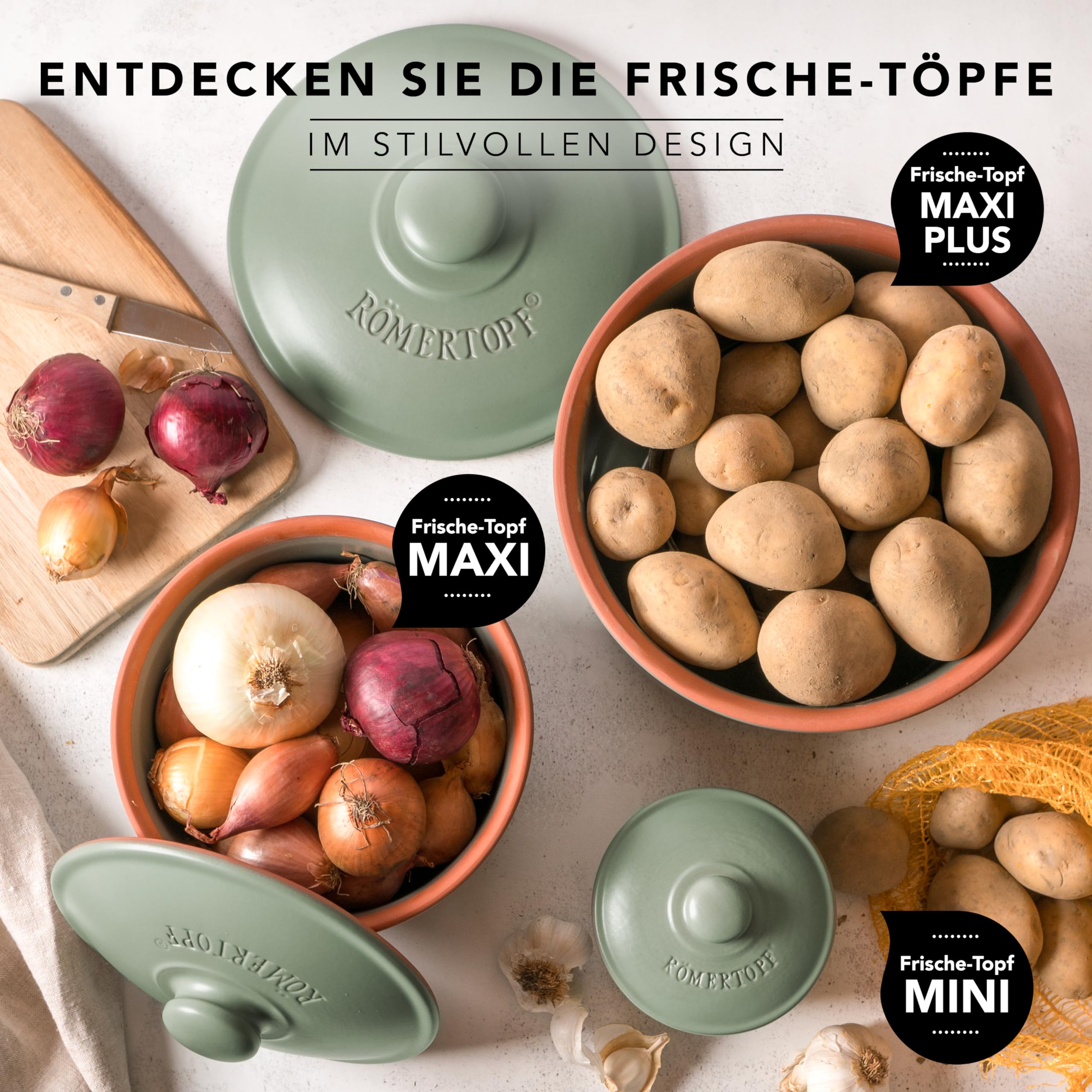 Romertopf Kartoffeltopf & Zwiebeltopf 3er Set – Vorratsdosen aus Keramik für Kartoffeln, Zwiebeln & Knoblauch – atmungsaktiver Ton hält Gemüse länger frisch – Grün