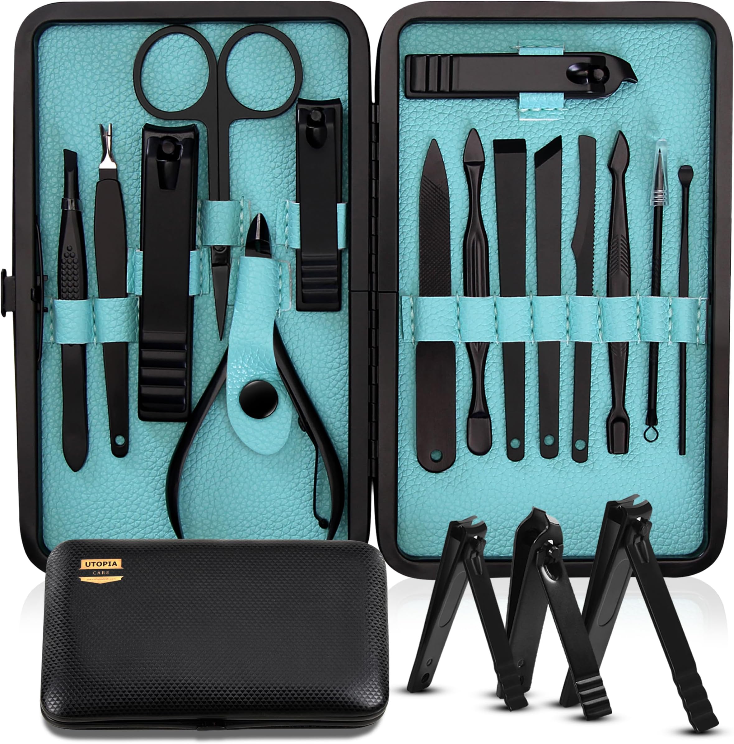 Utopia Care 15 Pieces Manicure Set - Stainless Steel Manicure Nail Clippers Pedicure Kit - Professional Grooming Kits, Nail Care Tools with Luxurious Travel Case (Black)