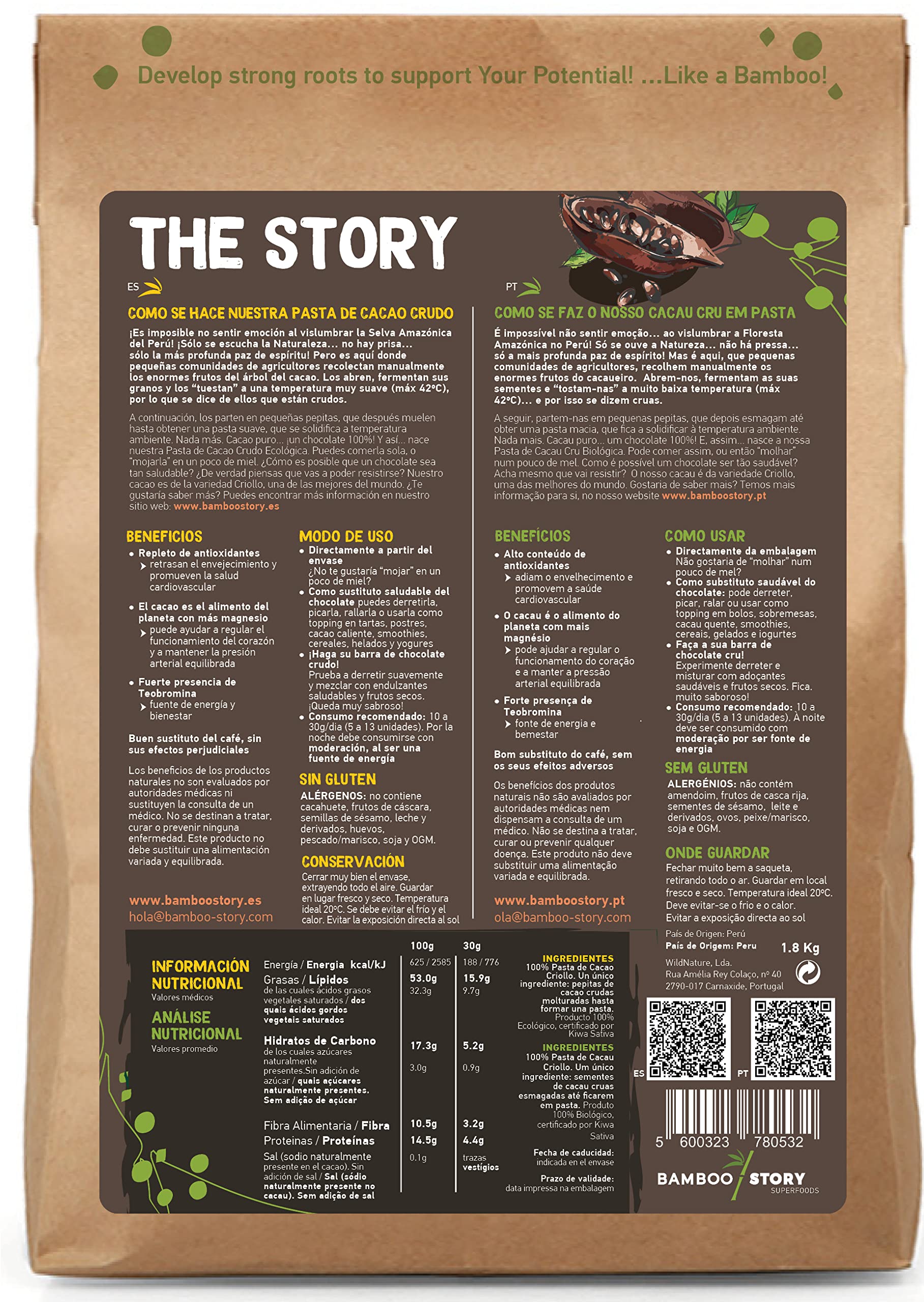 Crudo | BAMBOO STORY | Pasta Cacao en Obleas | Criollo | Ecológico/BIO | 100% Cacao | Sin Azúcar | 1.8 Kg | Origen 100% Perú