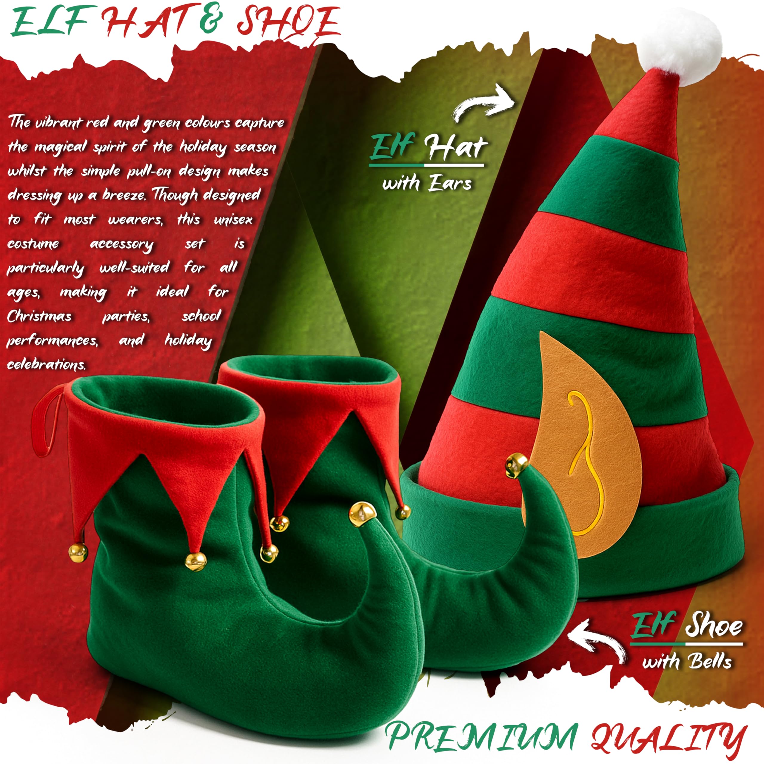 VINCAM Christmas Elf Hat and Shoes Set, Red & Green Little Helper Costume Accessories - Image 2
