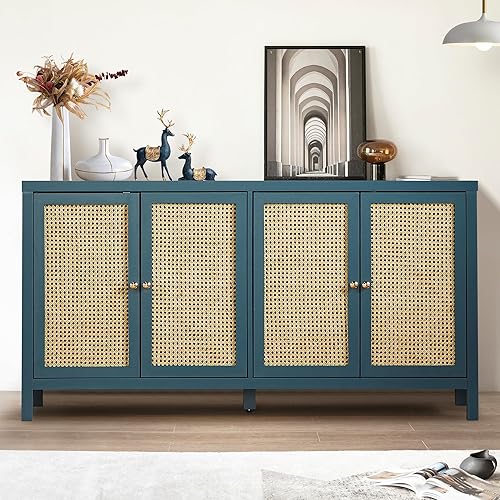 QHITTY Sideboard Buffet Cabinet, Rattan Accent Cabinet Storage Cabinet Console Table with 4 Doors and Adjustable Shelves for Kitchen, Dining Room, Living Room, Hallway (Blue)
