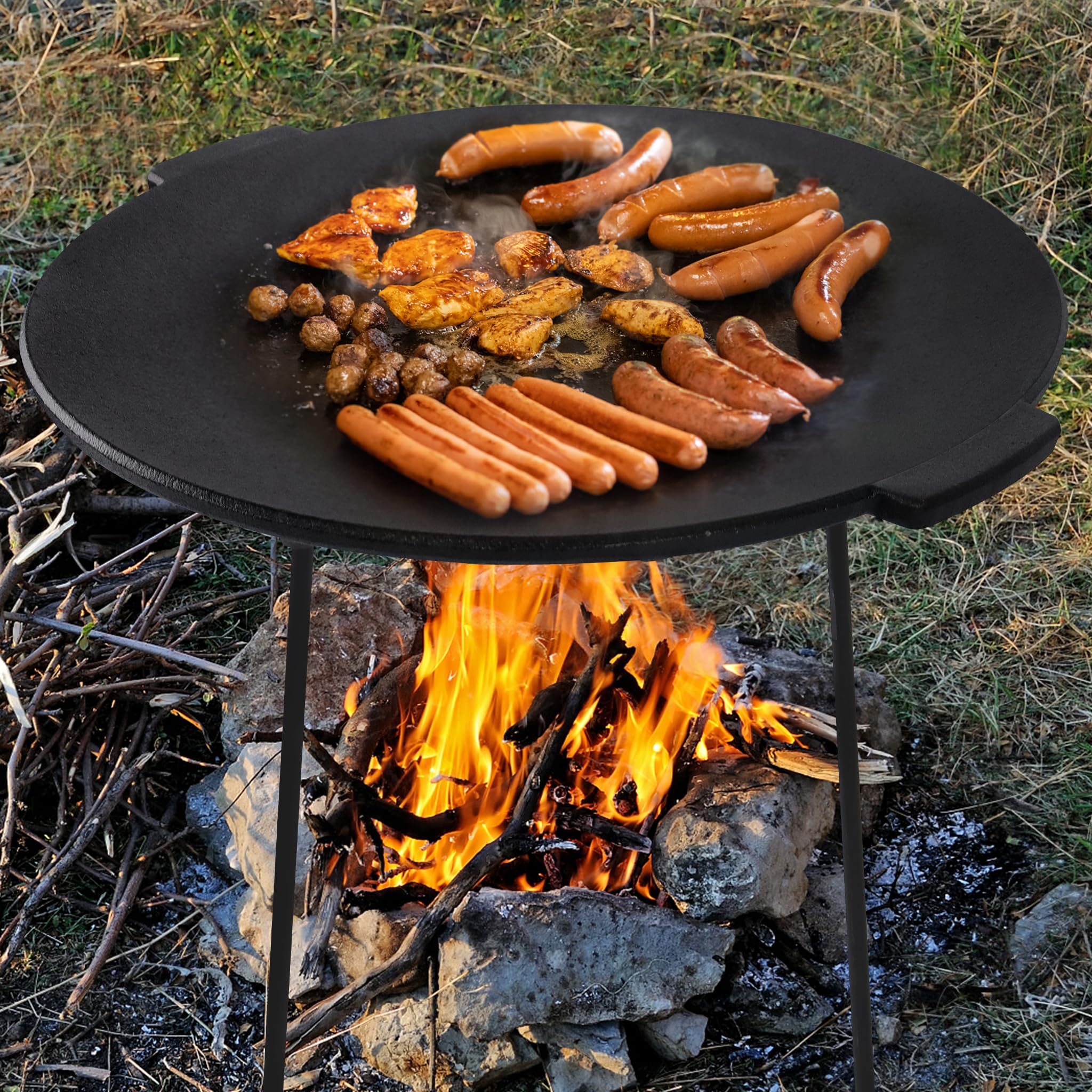 YRHome BBQ, żeliwna płyta grillowa, okrągła, Ø 45 cm, stojak na trójnogi, patelnia grillowa z uchwytami i torbą ochronną, wytrzymała patelnia outdoorowa, akcesoria do grilla, nakładka na kemping i do