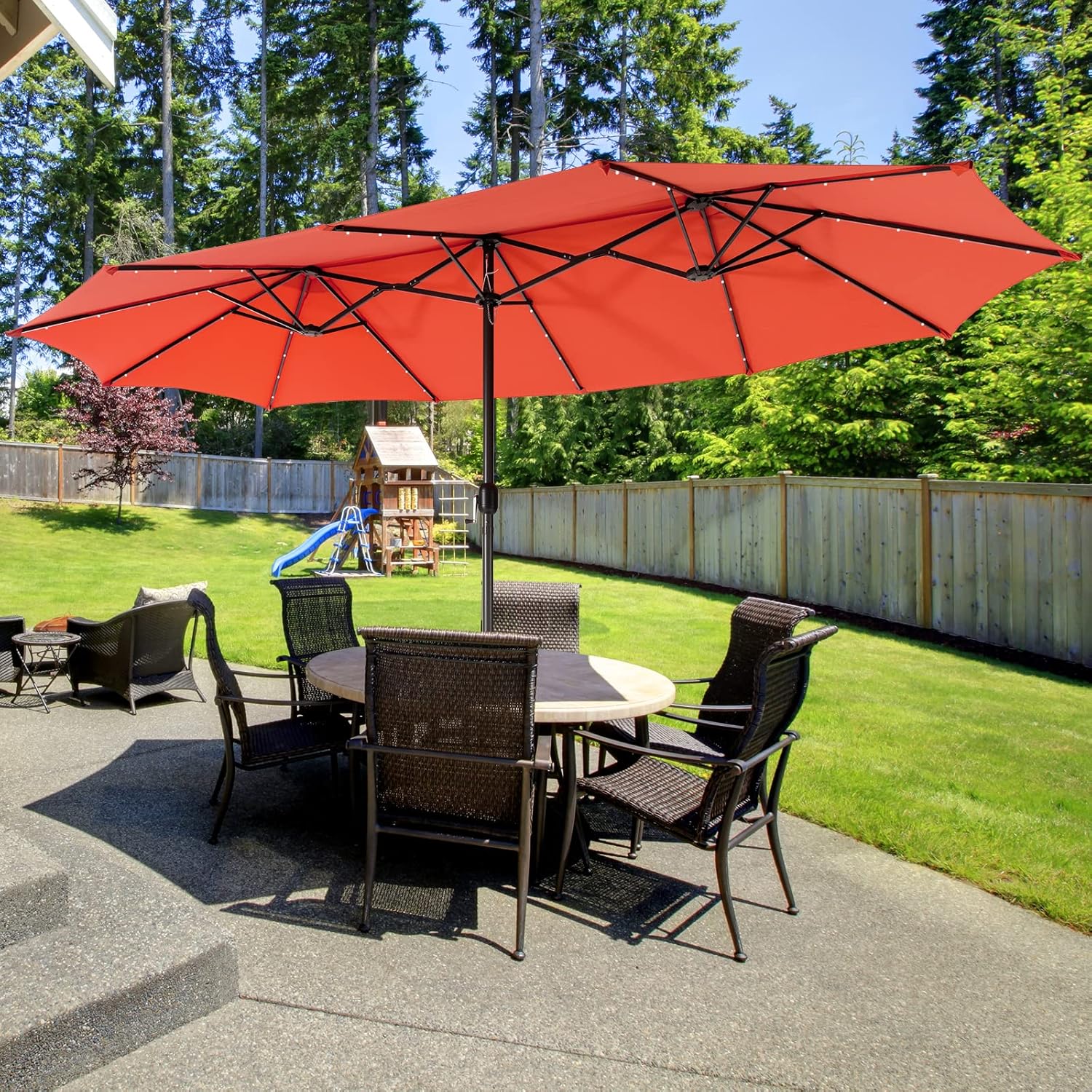15 ft Double-Sided Patio Umbrella w/Base Included, Large Outdoor Umbrella w/ 48 Solar Lights, Market Umbrella w/ 12 Sturdy Ribs & Crank System for Patio, Poolside, Garden, Beach