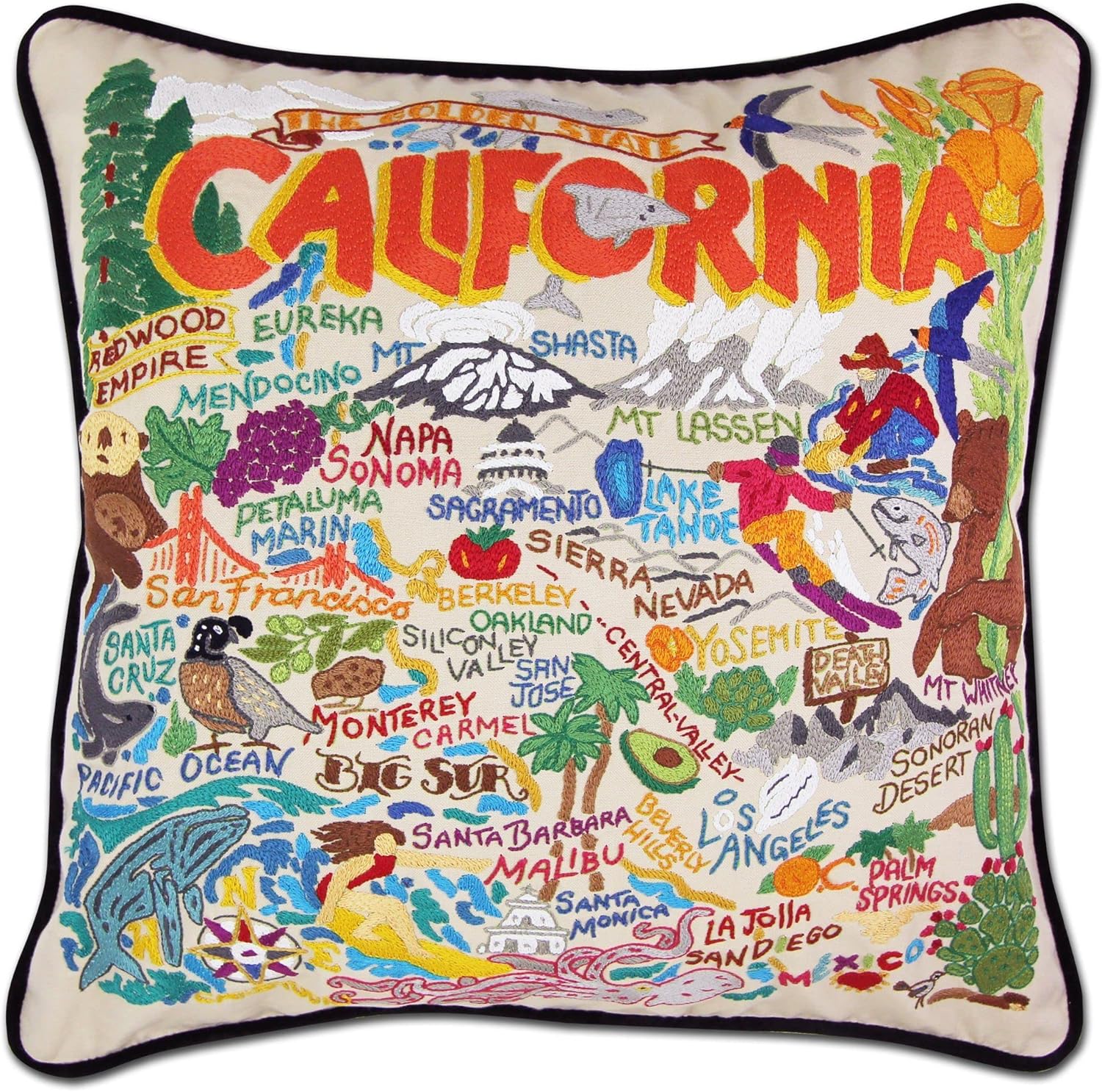 Product image of Catstudio California Hand Embroidered Pillow - U.S. State Souvenir Decorative Throw Pillow with Original Artwork for California Lovers, Travel Souvenir