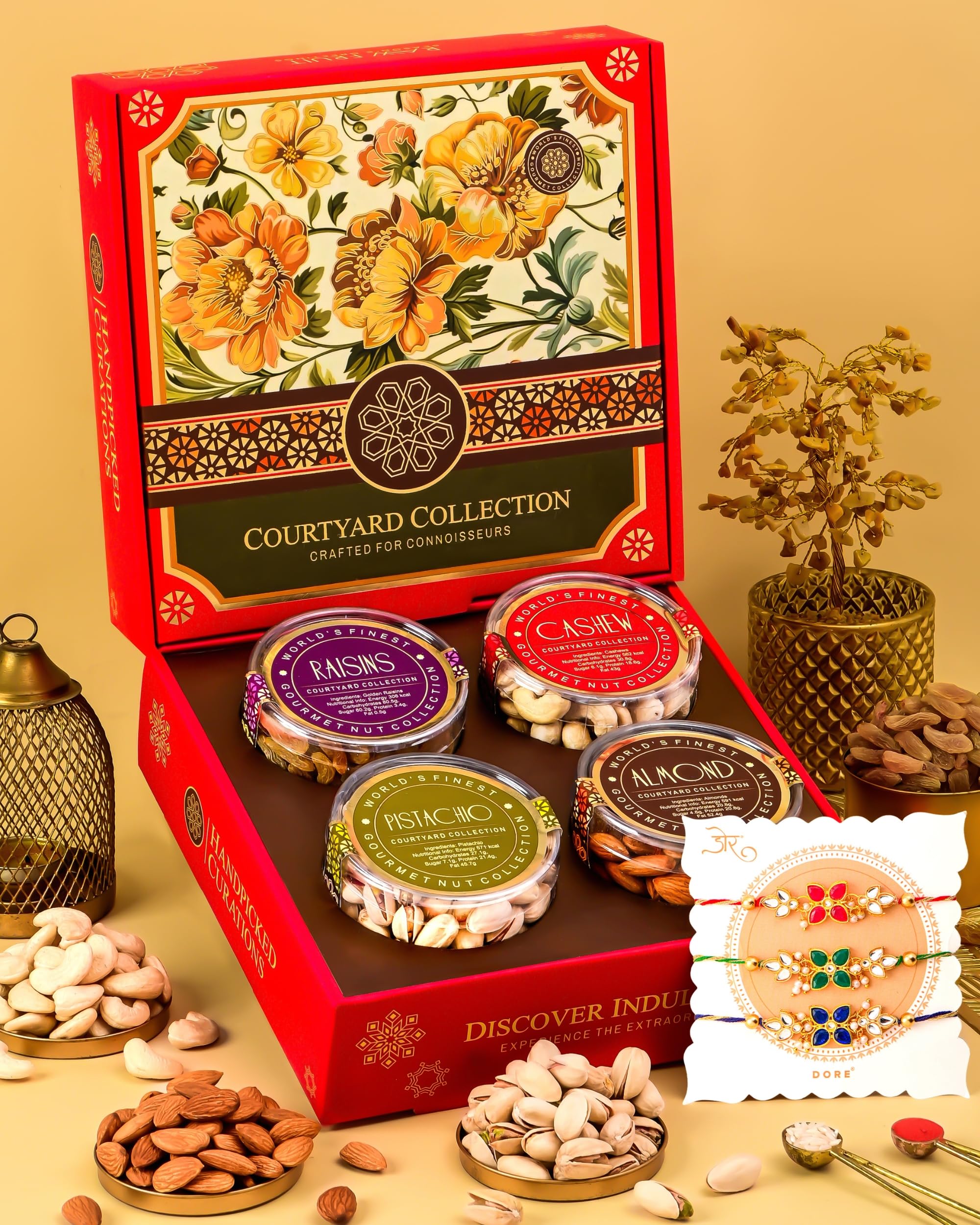 Hyperfoods® Rakhi Hamper for Brother Dry Fruit Gift Box (Dry Fruit Weight 495Gm, Gross Weight 750Gm) RawFruit Courtyard Collection Pack of 4 Dry Fruits DryFruits Gift Pack Rakhi Combo Set of 3
