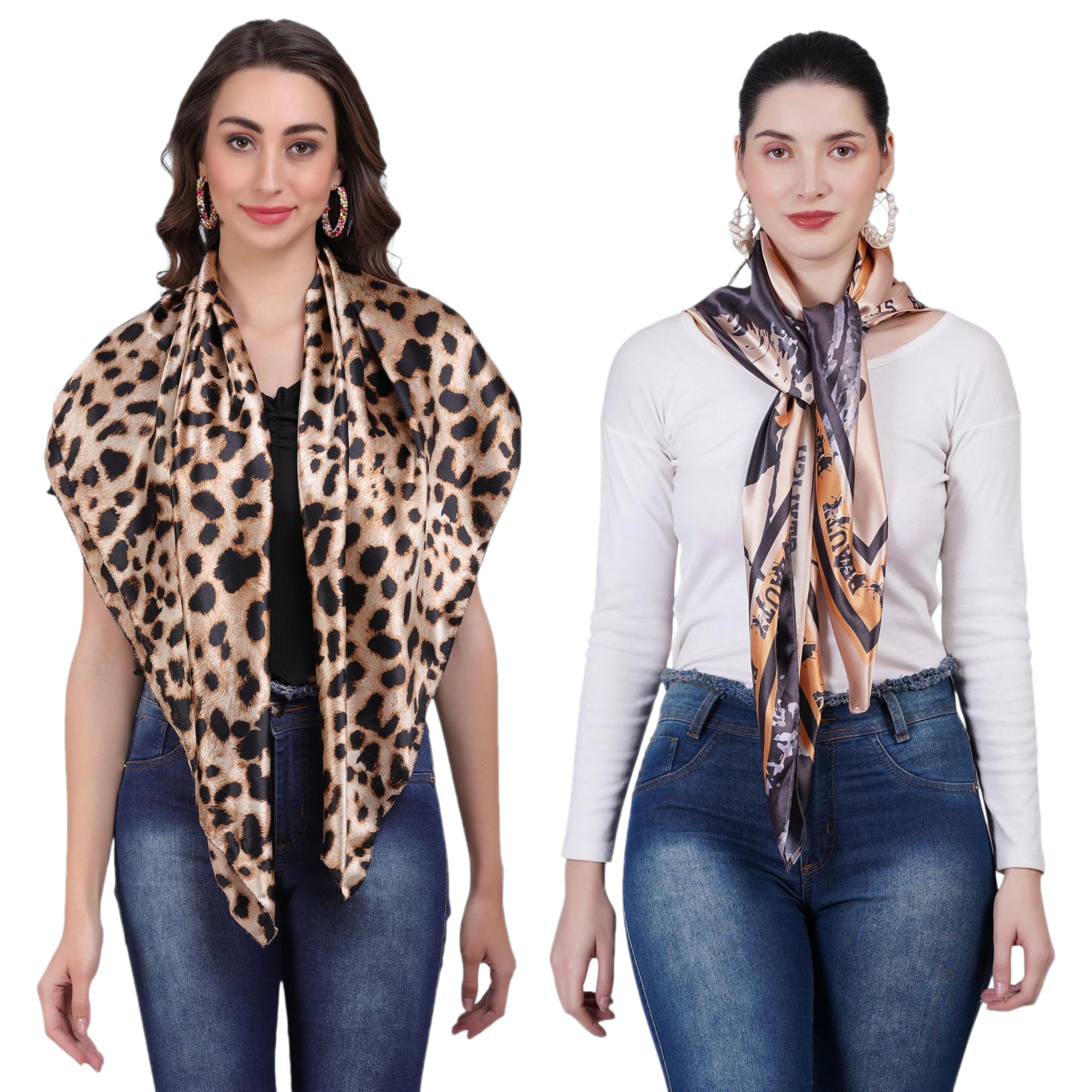 axolotl Fashion Square Scarves, Leopard Print and Contemparary Pattern, Satin Polyester Silk Material, Pack of 2-picture-22