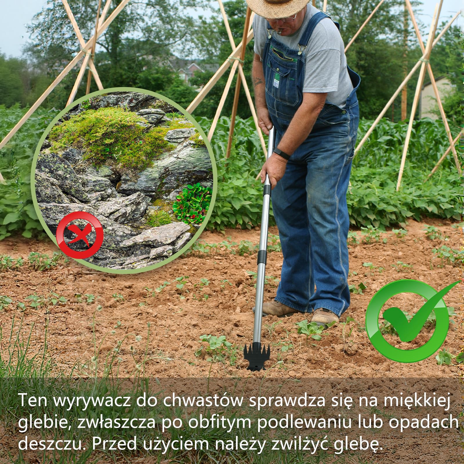 Mitclear Narzędzie do Usuwania Chwastów z Długim Uchwytem(148cm), Wyrywacz Chwastów, 2 w 1 Grabie i Motyka Ogrodowa, Ręczny Wyrywacz Chwastów do Usuwania Korzeni dla Ogrodu, Podwórka, Trawnika