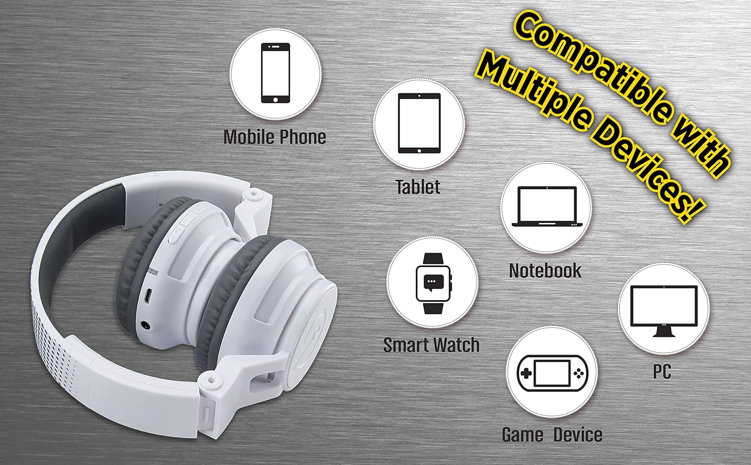 eKids Kids Bluetooth Wireless Headphones compatible with multiple devices including mobile phones, tablets, notebooks, smartwatches, PCs, and game devices
