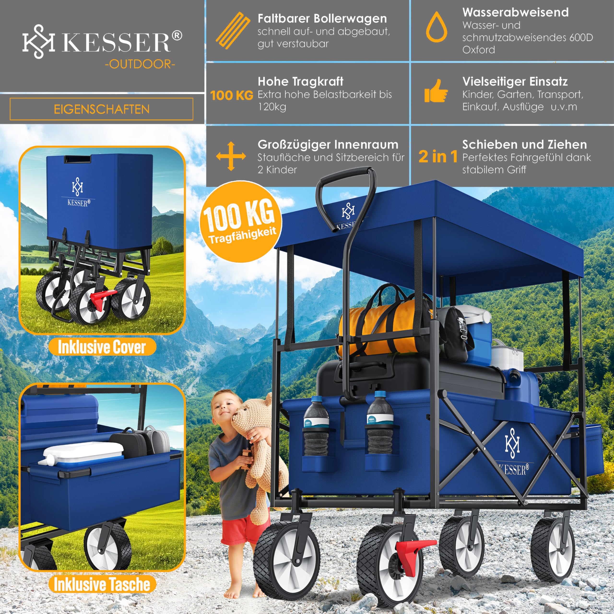 KESSER® Bolderkar Opvouwbaar Bolderwagen Tot 100 Kg Draagvermogen Transportkar Met Massieve Banden En Voorwielrem Strandkar 2 Gaas Zakken Beschermhoes Buitentas Marineblauw 661726740