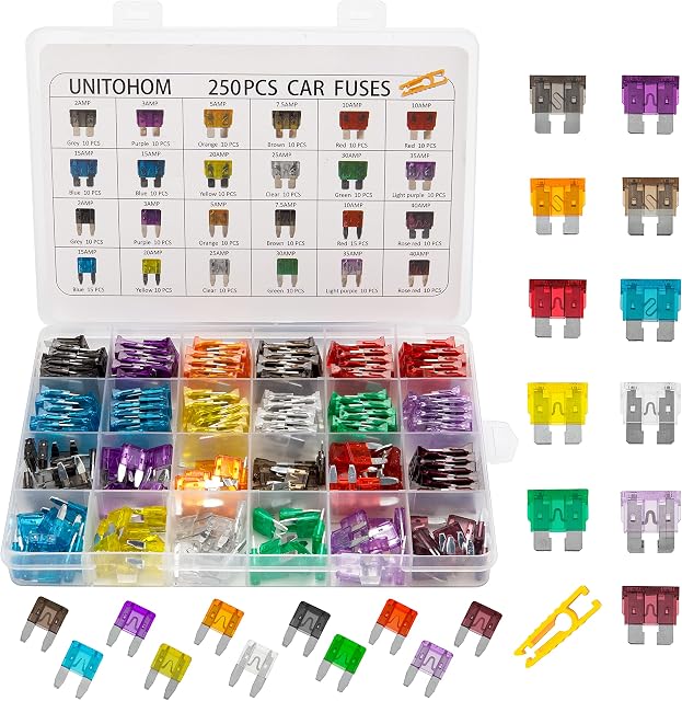 Car Fuses,250Pcs Auto Car Standard Blade Fuses and Mini Blade Fuses Replacement Kit 2A 3A 5A 7.5A 10A 15A 20A 25A 30A 35A 40A For Car Boat Truck SUV Automotive Fuses with Puller Extraction Tool Kit