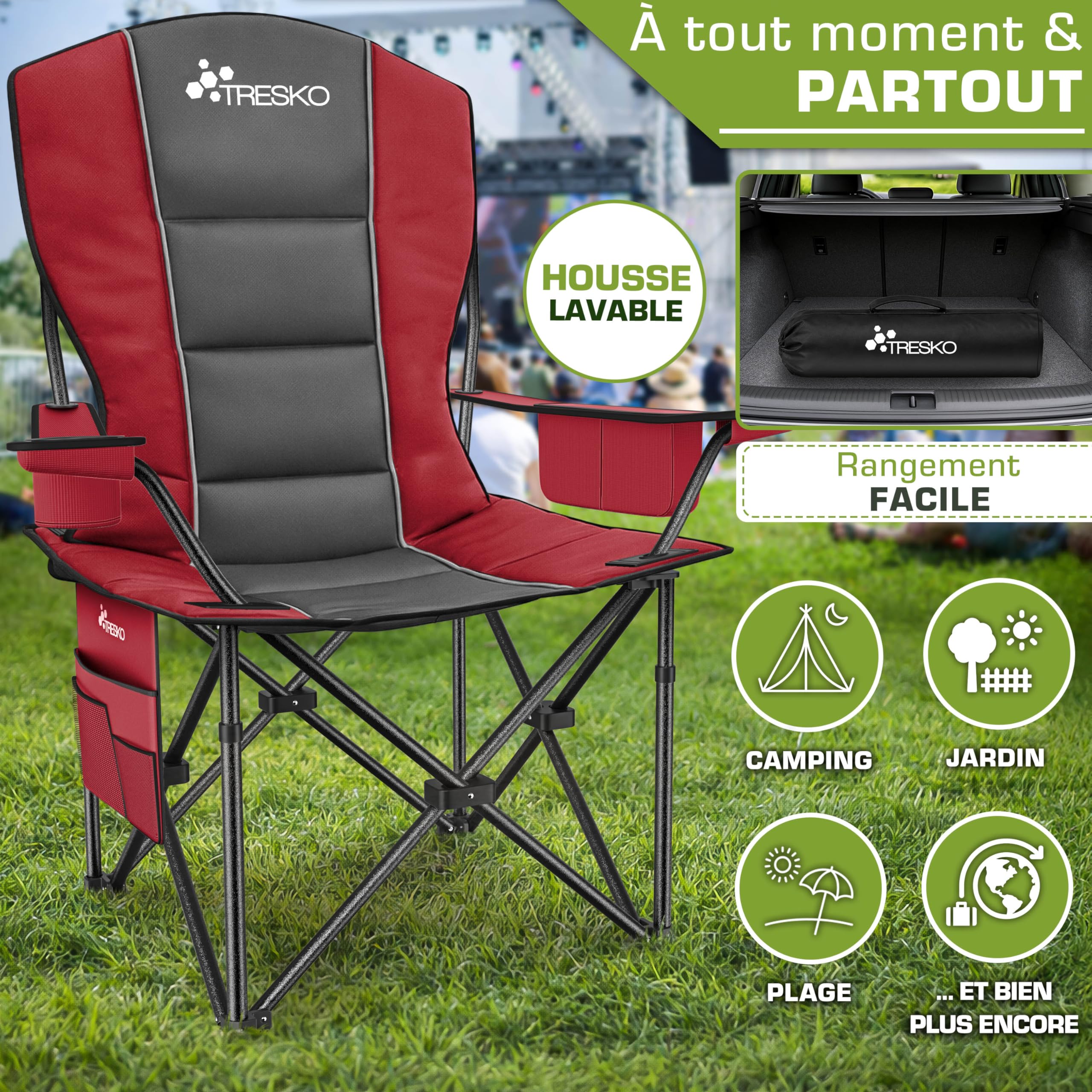 TRESKO® Chaise de Camping Pliante et transportable | jusqu'à 150 kg | Chaise de pêche Portable avec accoudoirs et Porte-gobelets (Rouge)