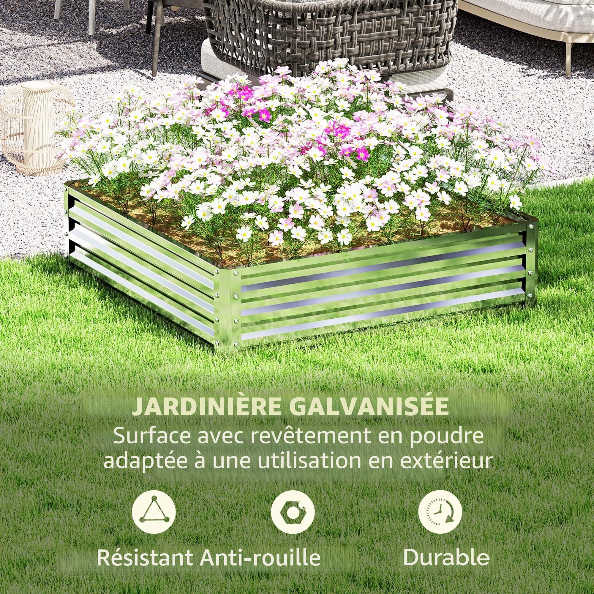Outsunny Jardinière surélevée, bac à fleurs, parterre de légumes, bac à plantes, parterre d'herbes aromatiques pour jardin, terrasse, balcon, acier, argent, 120 x 120 x 30 cm