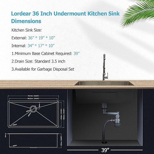 Miniatura 7 de Lordear Fregadero de cocina de 36 pulgadas de calibre 16 de acero inoxidable grande bajo encimera, fregadero de cocina profundo de 36 x 19 x 10
