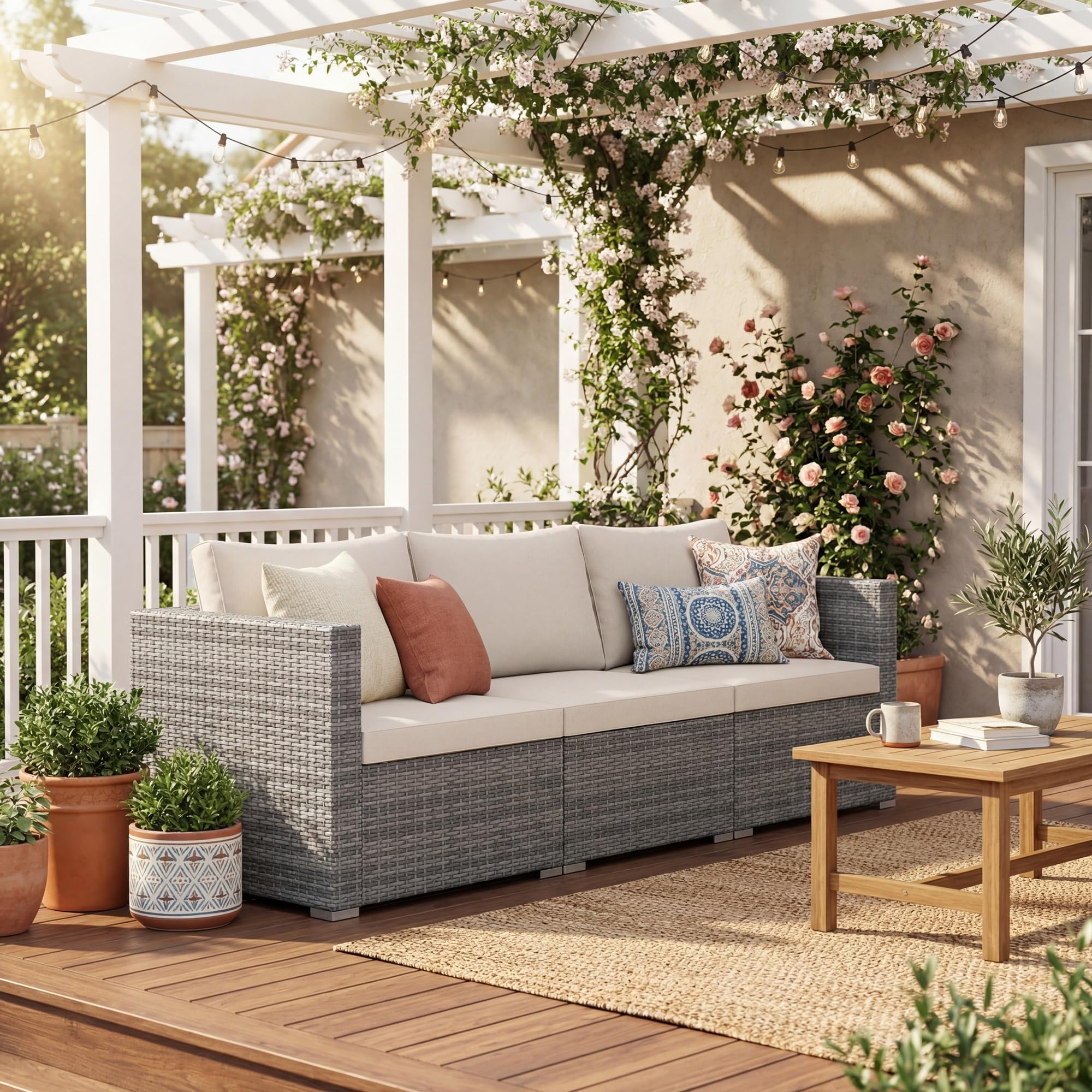 LIFEZEAL Canapé de Jardin 3 Places Rotin PE Charge 540 KG Modulable Beige