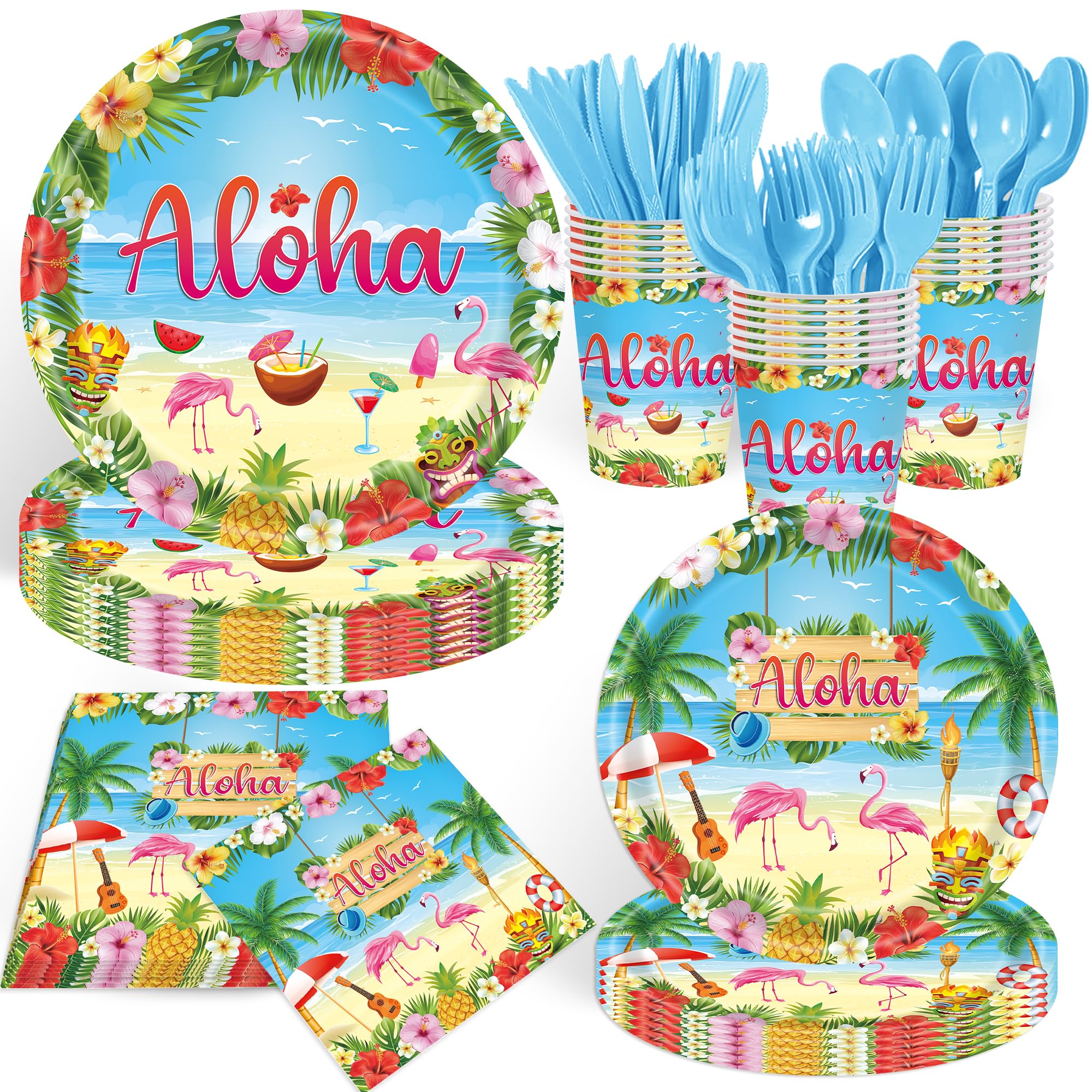 140pcs Luau Party Supplies Party Tableware for Aloha Hawaiian Party Decorations Dinnerware Set Serves 20 + Guests for BBQs & Summer party