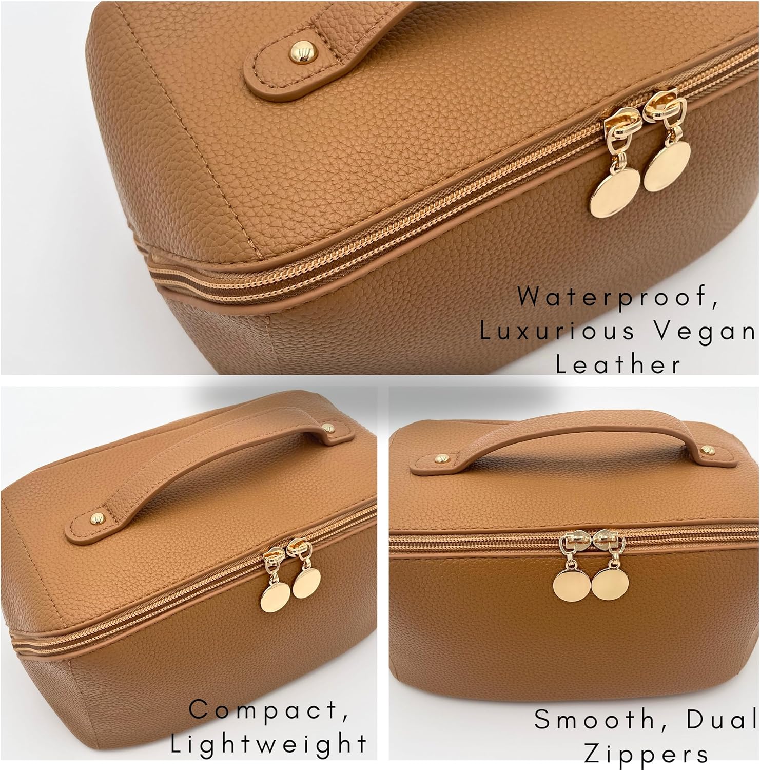 JAZD Large Capacity Travel Cosmetic Bag - Makeup Bag Opens Flat for Easy Access - Leather Waterproof Portable Cosmetics Bag with Handle, Divider - Toiletry Make up Organizer Bag.