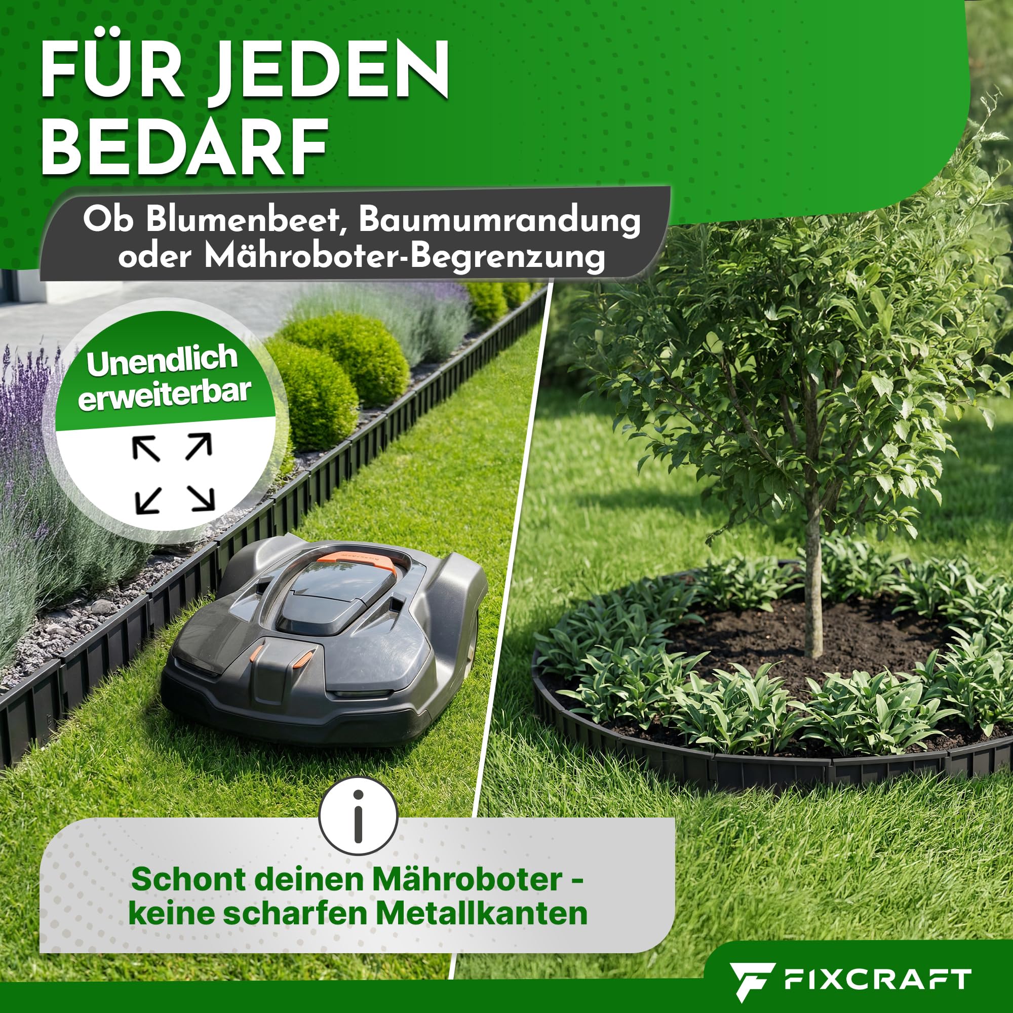 Rasenkante Kunststoff 10m [15cm hoch] - Mähkante, Beeteinfassung | Flexible Beetumrandung, Beetkante | Stabil, knickfest, breiter Schlagkopf | Sicher für Mähroboter, Kinder