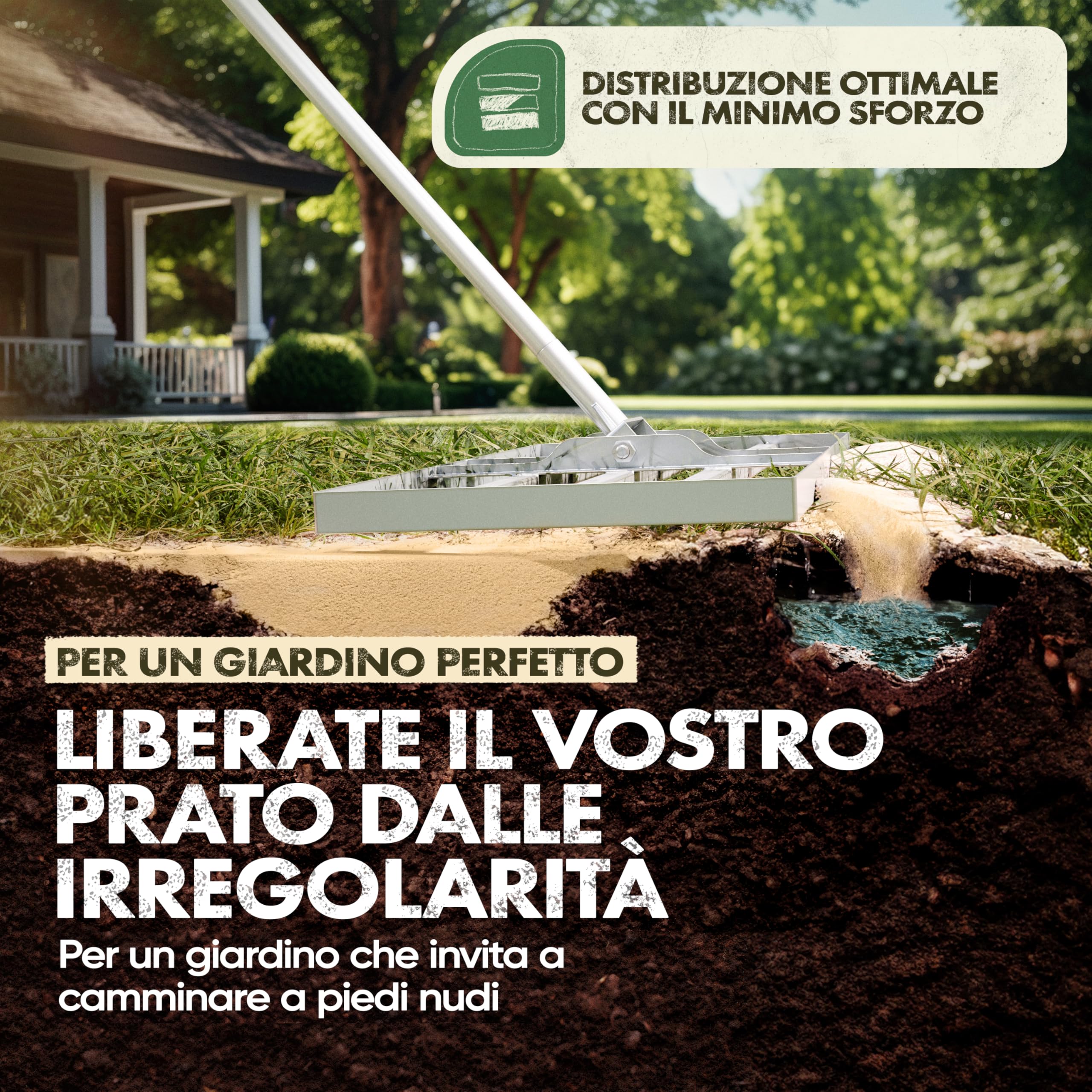 GARLINGO Rastrello per prato | 75 x 35 cm | incl. 1,7m di ASTETTO in metallo | Rastrello per prato per sabbiare il prato, livellare la sabbia del prato, aeratore Rasen Leveling rake