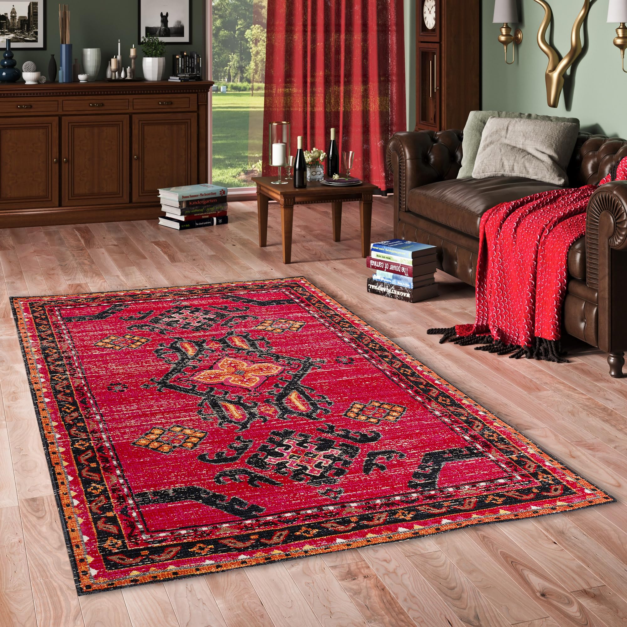 Tapis Pergamon Vintage Zoe avec bordure rouge au motif oriental