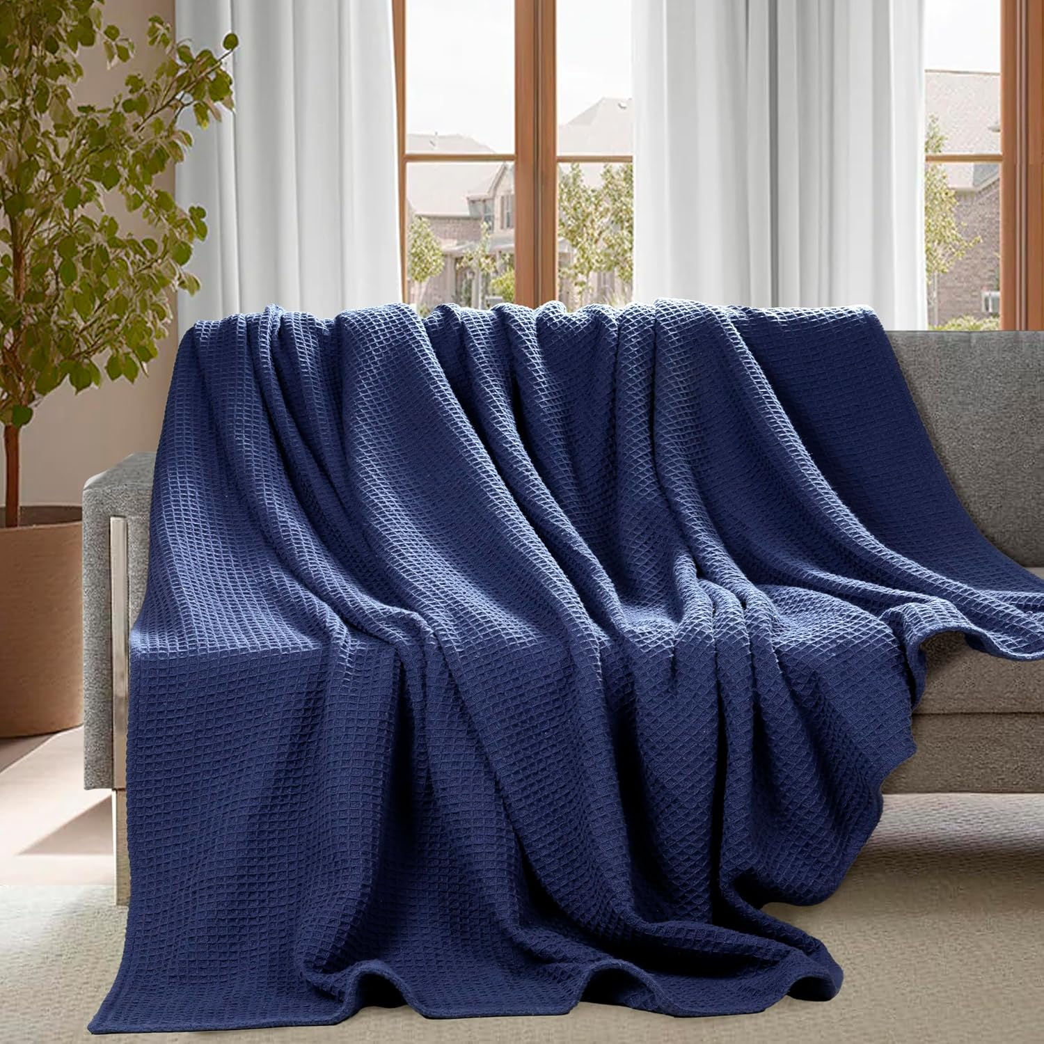100% Cotton Waffle Weave Blanket Queen Size, 90 x 108 in, 400 GSM, Lightweight Thermal Blanket, White - Image 6
