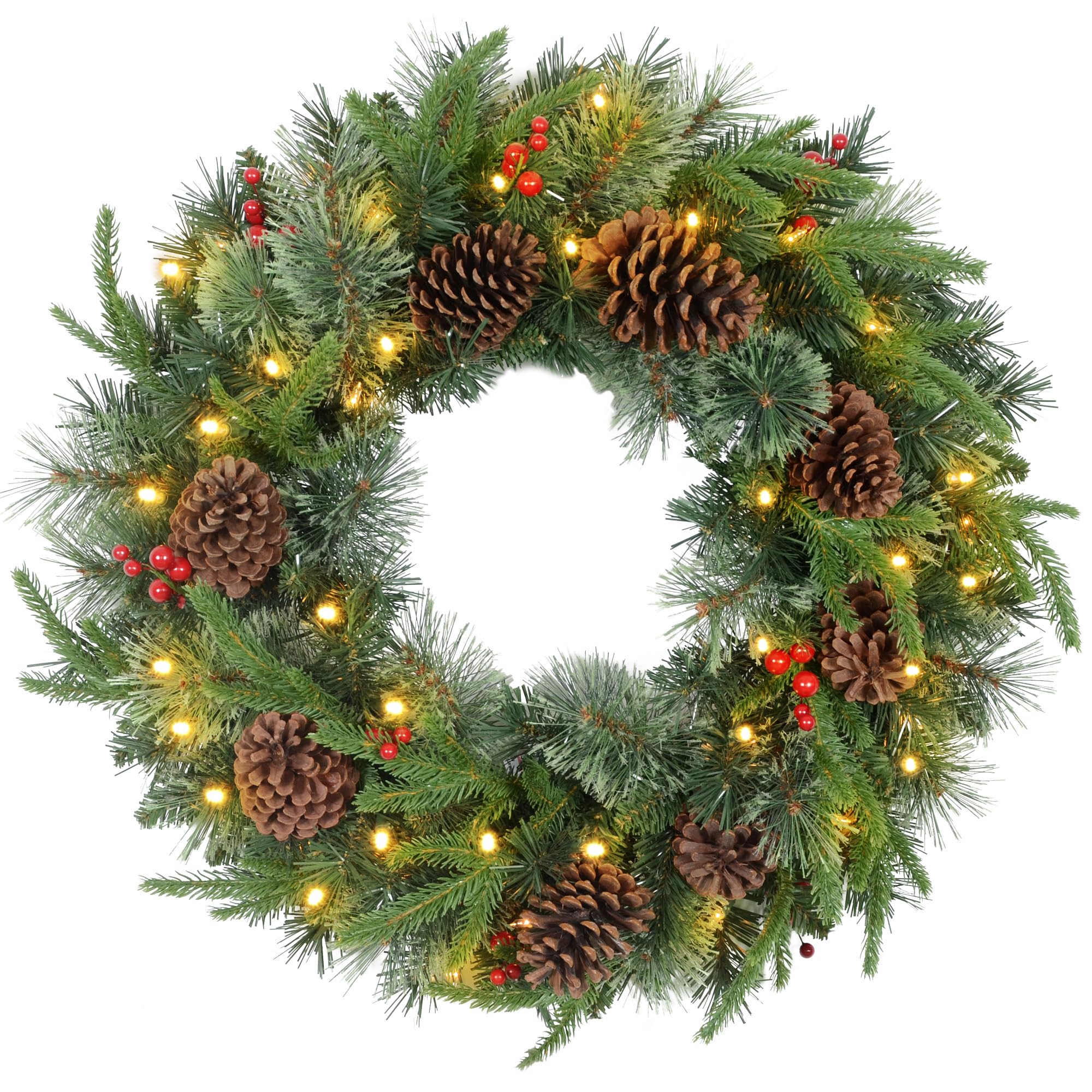 Homcom Unisex Green 60Cm Christmas Wreath With Led Lights Pine Cones Red Berries