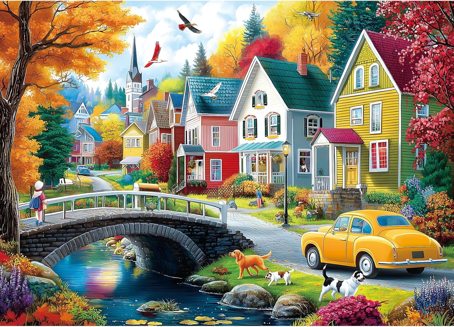 MINIWAN Cozy Autumn Small Town River Puzzles for Adults 1000 Pieces, Colorful Fall Village Houses Bridge Dog Jigsaw Puzzle, Gift for Landscape & Countryside Lovers 27.5x19.7 Inch