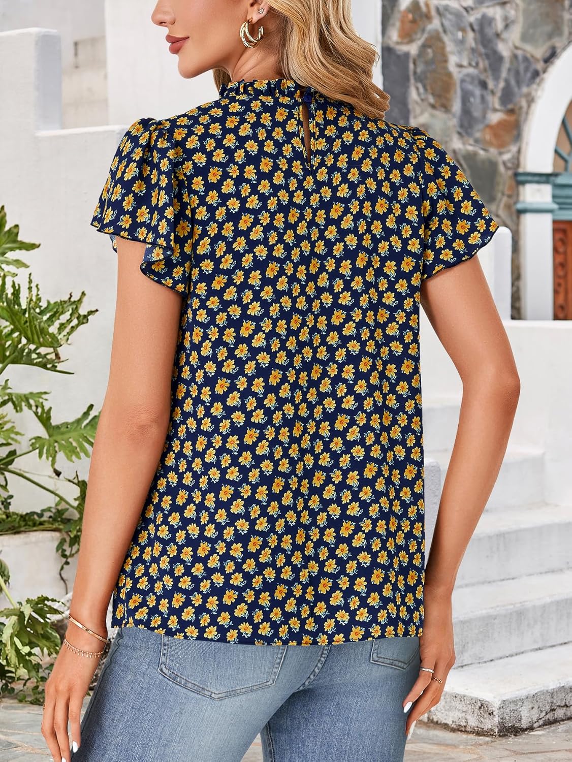 Rooscier Women's Boho Shirts Floral Ruffle Short Sleeve Frill Mock Neck Blouses Shirts Tops - Image 5