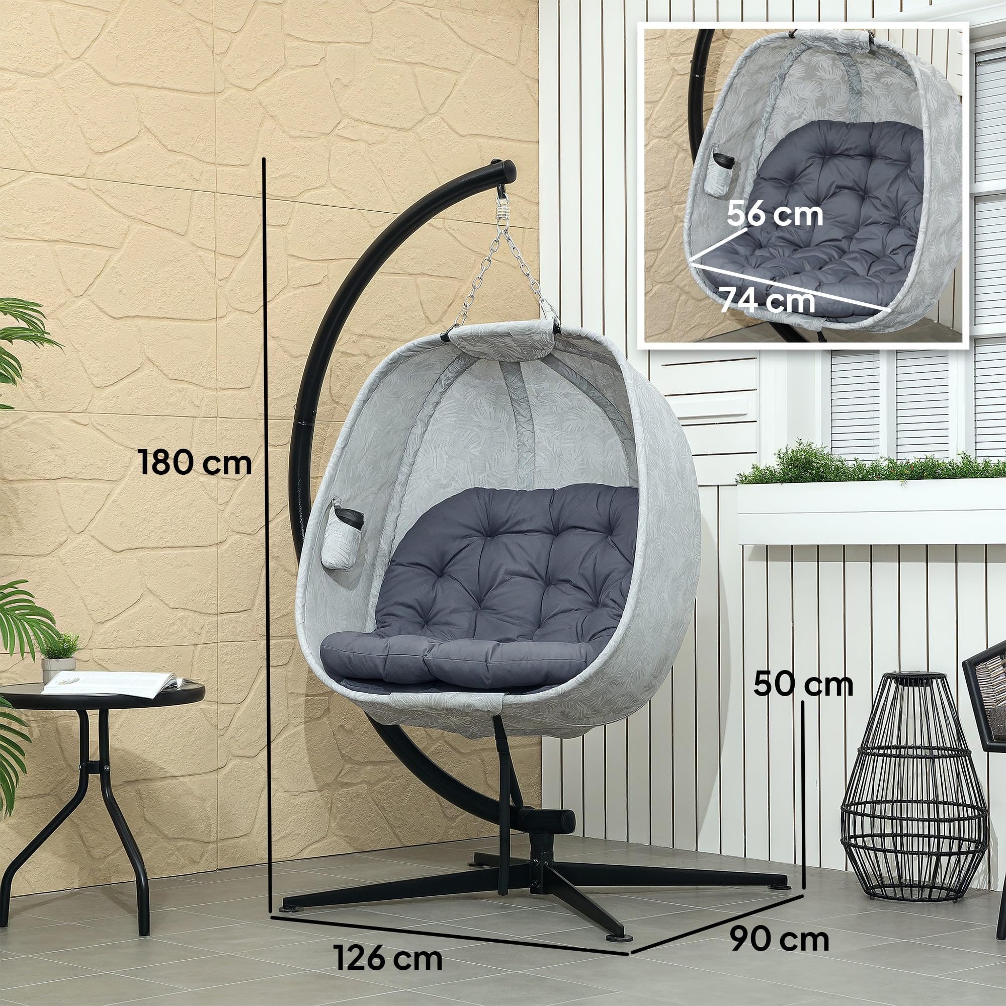 Outsunny Hängesessel mit Gestell, Faltbar Eiförmiger Hängeschaukel mit weichem Sitzpolstern, Hängematte für den Außenbereich Schaukelsessel Indoor Outdoor, Terrasse, Garten, Grau