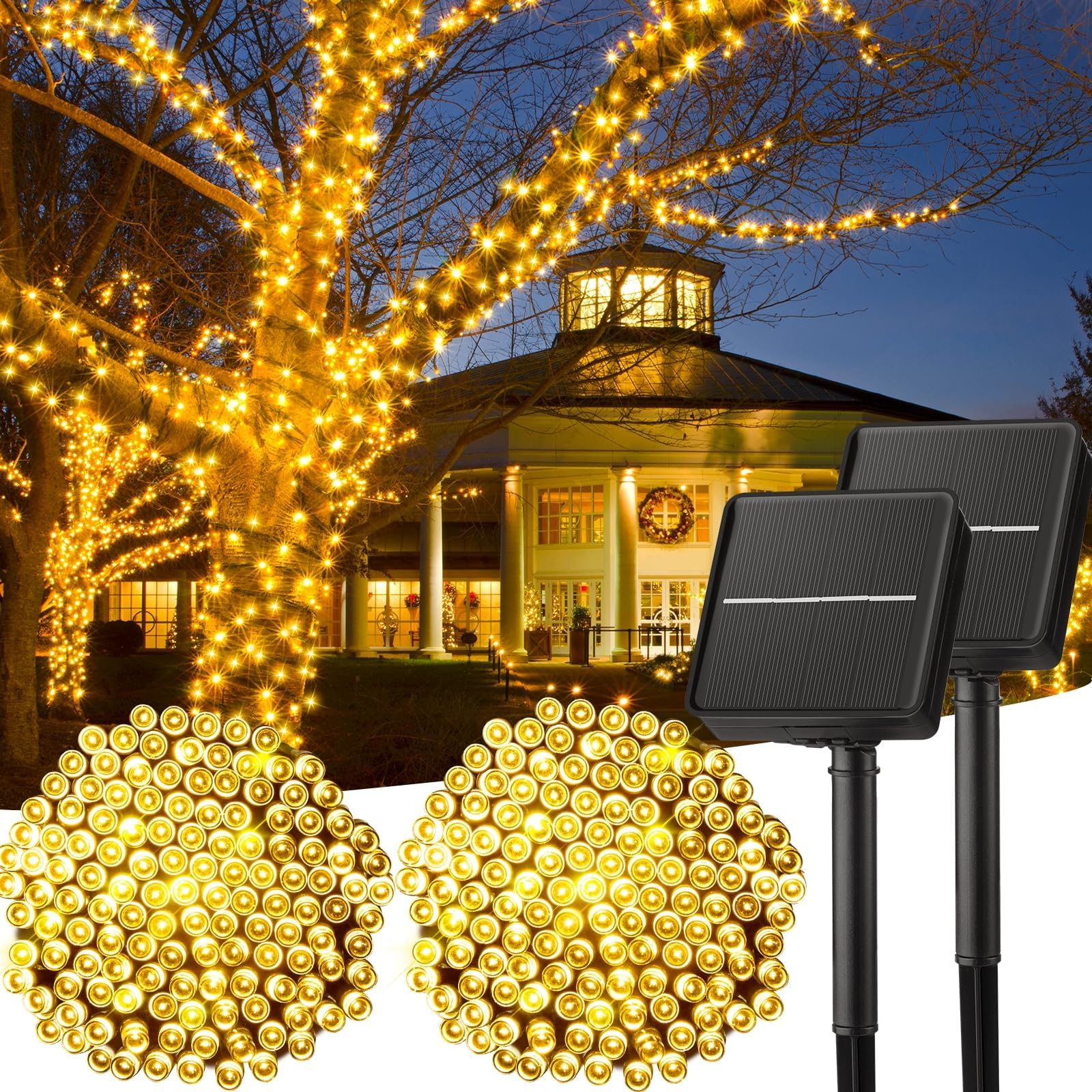 Solar String Lights Outdoor, 2 Pack Total 80FT 200 LED Solar Powered String Lights with 8 Lighting Modes, Waterproof Patio Lights, Solar Lights for Outside Tree Garden Balcony Gazebo Party, Warm White