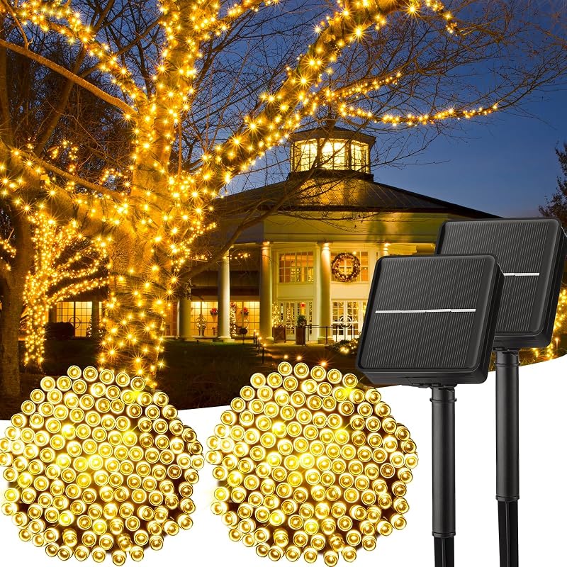 Guirnaldas de luces solares para exteriores, paquete de 2 en total, 200 luces LED solares para exteriores de 80 pies | Guirnaldas de luces solares con 8 modos de iluminación, luces solares impermeables para exteriores, árbol, jardín, balcón, cenador, fiesta, blanco cálido