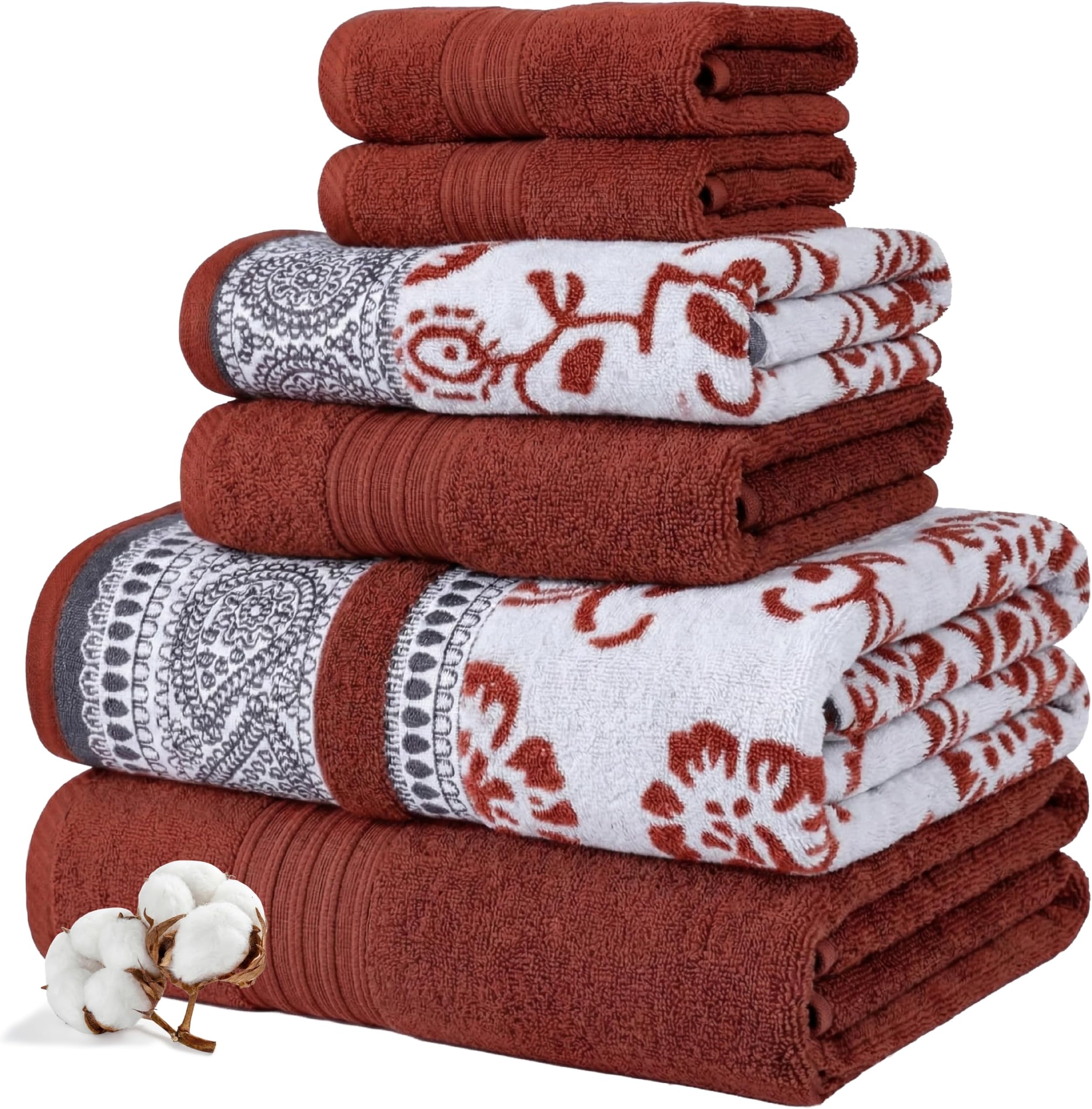Floral Trail 6-Piece 100% Cotton Towel Set – Reversible Yarn Dyed Jacquard – Includes 2 Bath Towels, 2 Hand Towels, 2 Washcloths – Absorbent, Quick Dry, Soft & Durable – Rust Orange