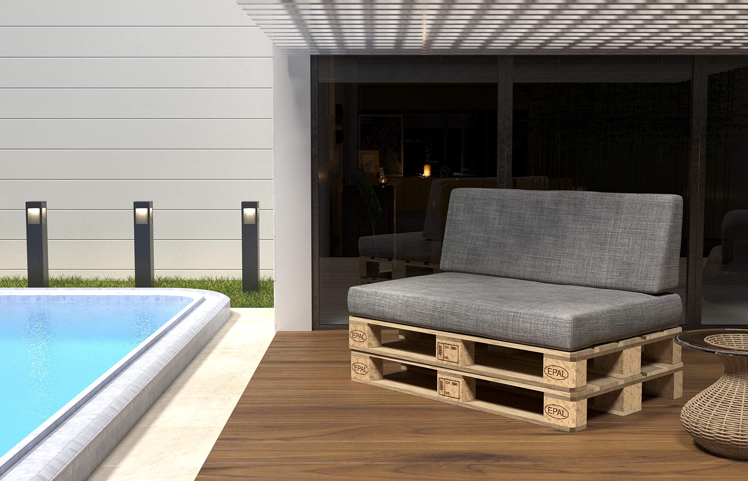 POKAR Euro Pallet Seating Set of 2: 1x seat cushion 120x80cm + 1x back cushion 120x40cm, cold foam, removable covers, Home Garden Furniture DIY, indoor outdoor pillow, without pallets, Beige — view 340