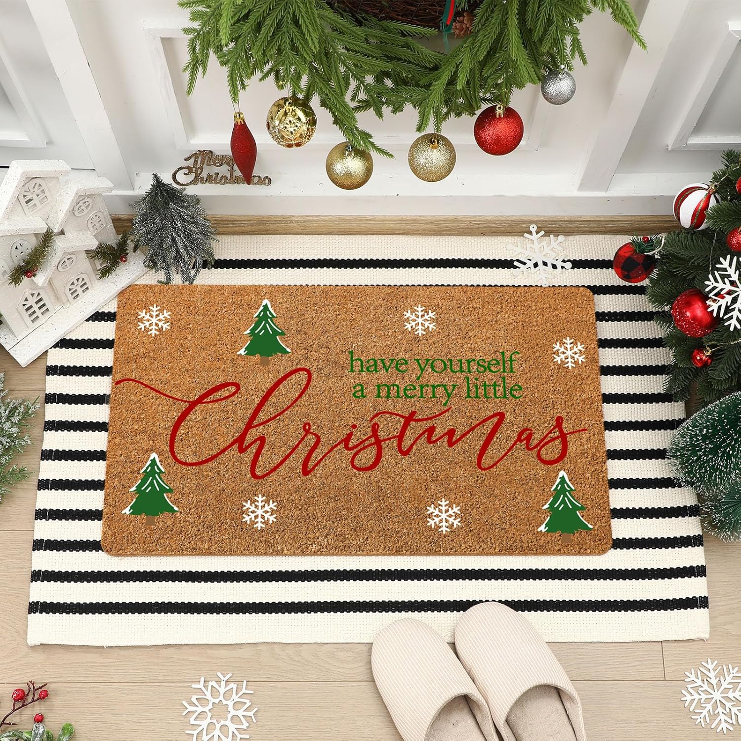 2 Pcs Christmas Door Mat Outdoor Have Yourself a Merry Little Christmas Nature Coir Welcome Outdoor Rug Black White Stripe Xmas Rugs for Front Porch Floor Indoor Entrance Decor Classic Black White Christmas