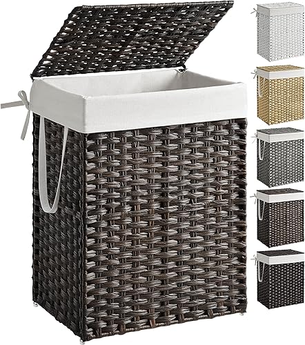 Miniatura 25 de SONGMICS Canasta para la ropa sucia con tapa, cesta de 23.8 galones (90 L) de ratán sintético para ropa con tapa y asas, plegable, forro extraíble