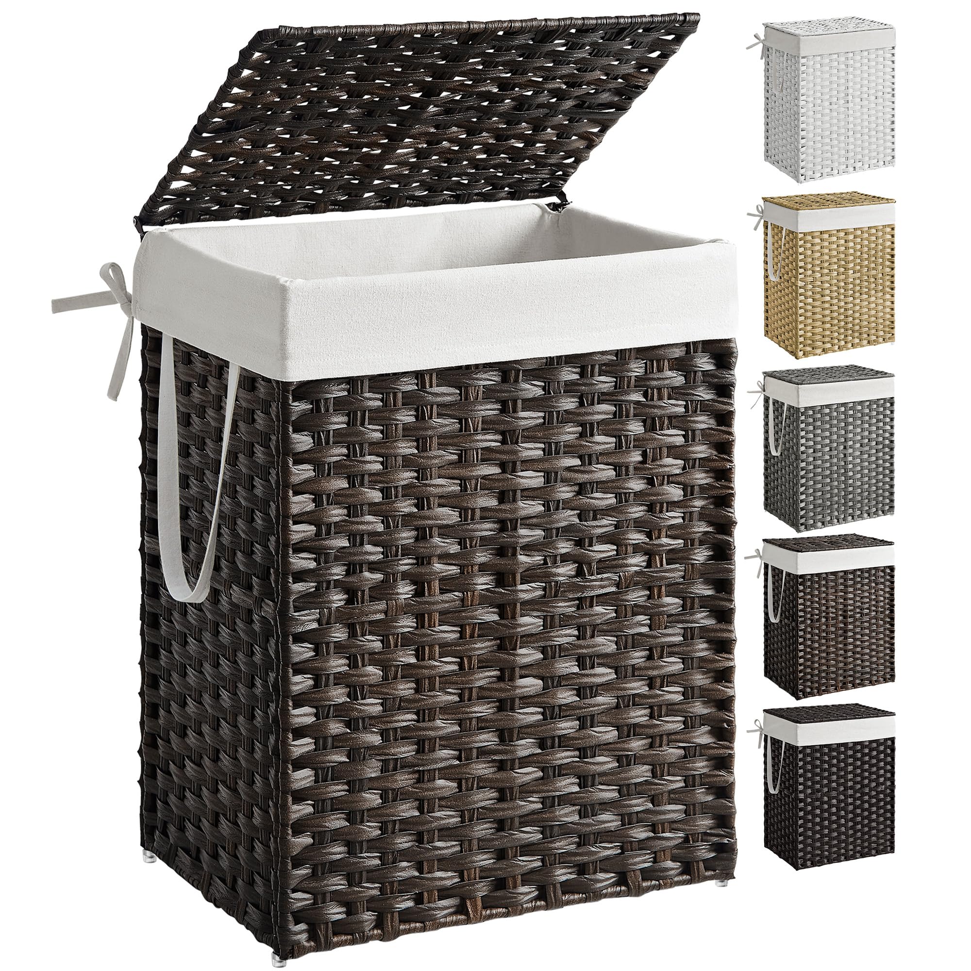 SONGMICS Laundry Hamper with Lid, 23.8 Gallon (90 L) Synthetic Rattan Clothes Laundry Basket with Lid and Handles, Foldable, Removable Liner, Chestnut