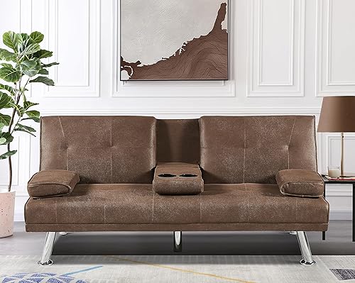 Sofá cama tipo futón plegable convertible con patas de metal y 2 portavasos, moderno sofá tapizado de lino de tela, sofá biplaza plegable,