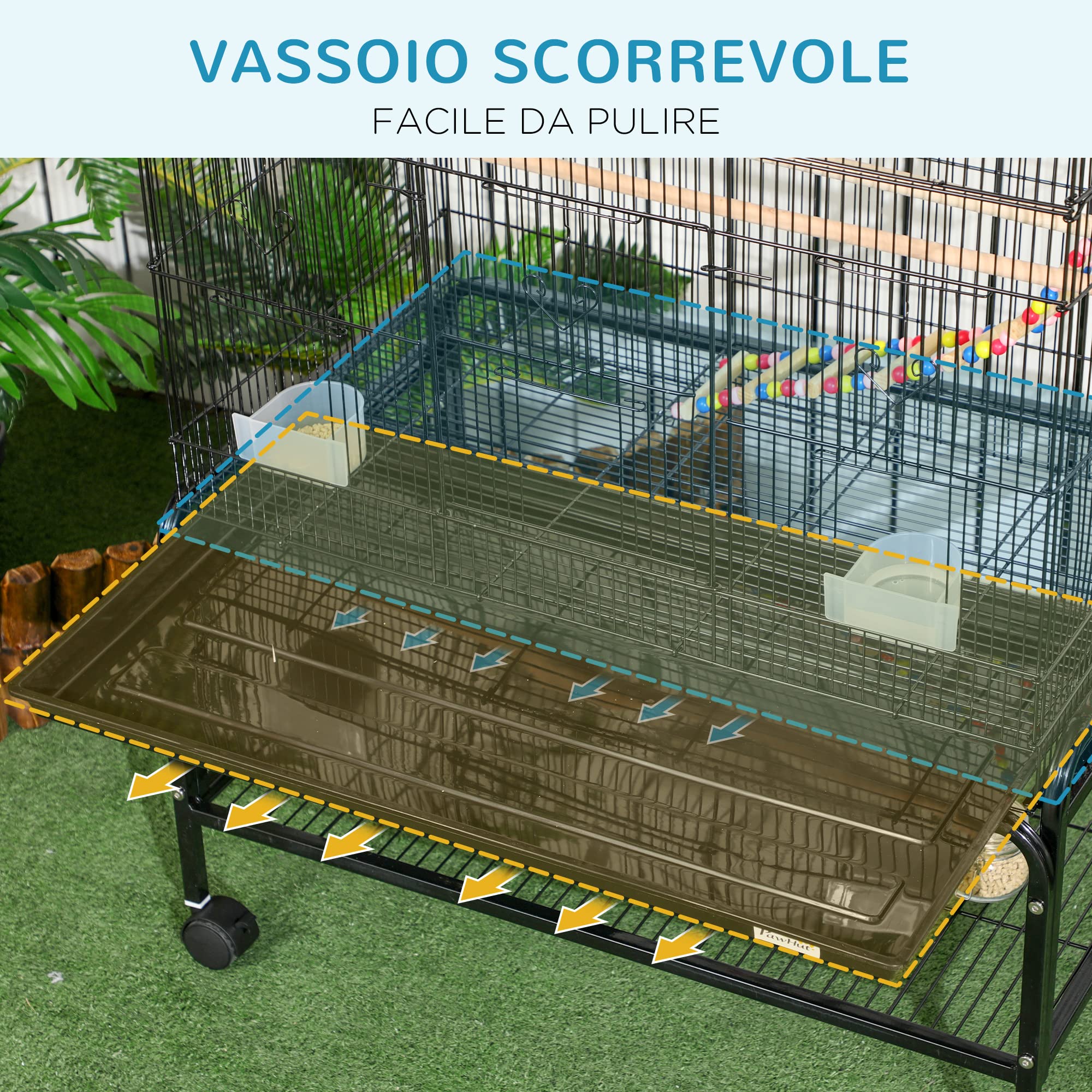 PawHut Gabbia per Uccelli 133 cm, Voliera per Cocorite, Calopsite, Canarini, Inseparabili, Fringuelli con Ruote, 4 Contenitori, Giochi, Vassoio Rimovibile, Ripiano, Nero