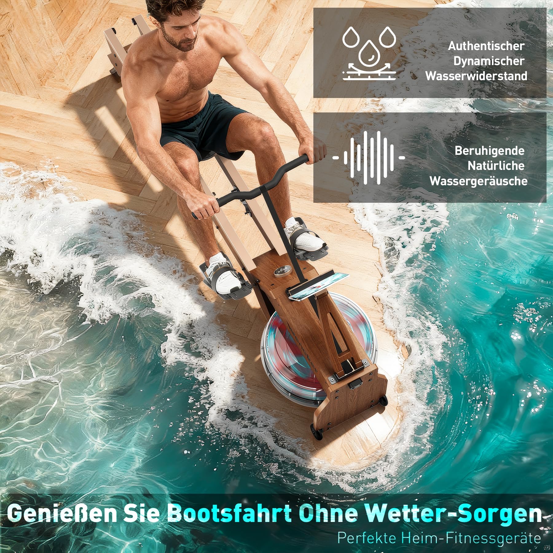 [2026] Wenoker Wasser Rudergerät für Zuhause + 22L Extra-großer Wassertank | LED Knob Display, Bluetooth App, FSC Massiv Eiche, Verbesserte Doppelschienen, Vertikal verstaubar