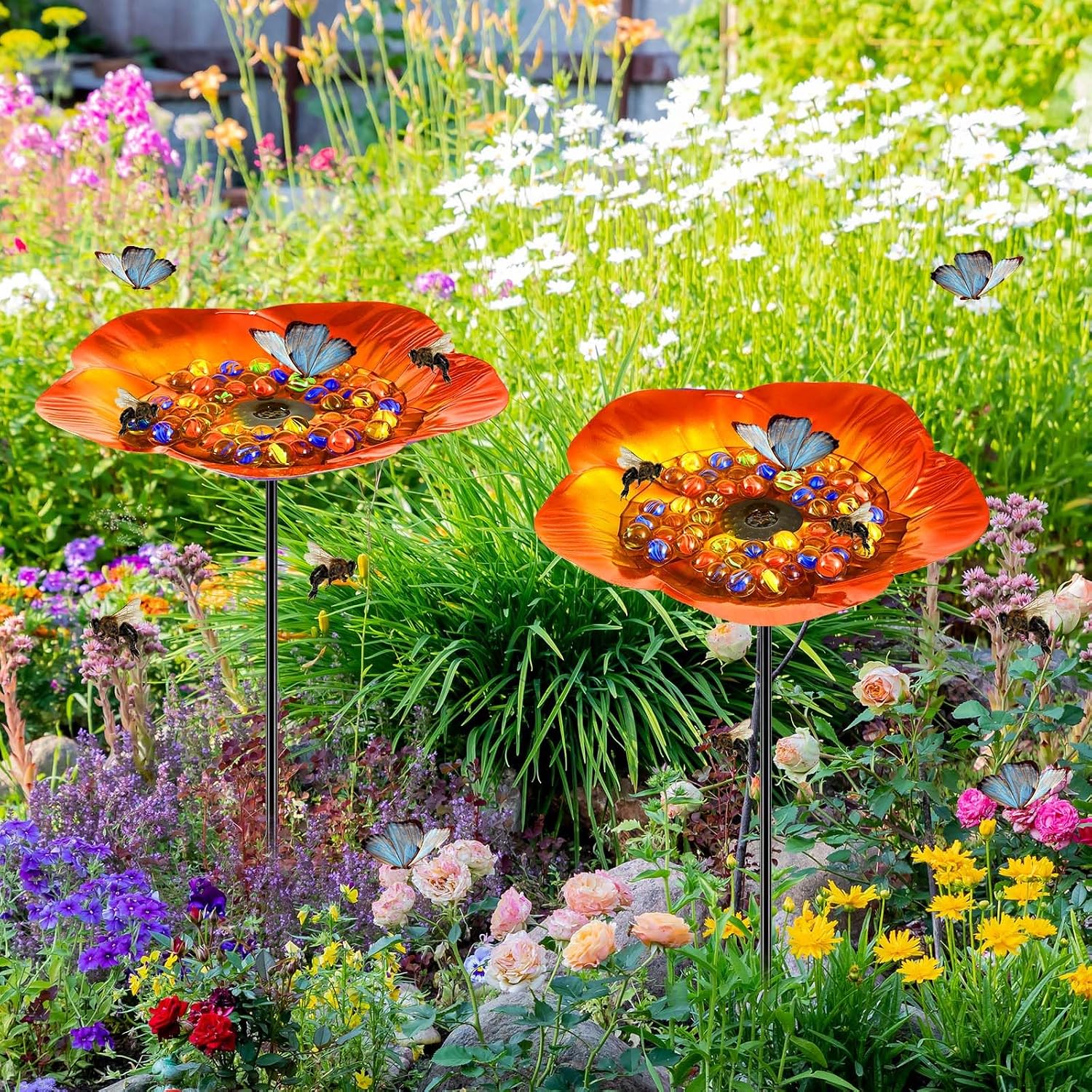 Tandefio 2 Pack Bee Watering Station Metal Butterfly Water Feeder Cup with 60 Colorful Glass Marble Vivid Flower Butterfly Bee Bath Bowl for Outdoor Garden Yard Decor(Golden Brown)