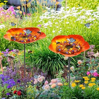 Tandefio 2 Pack Bee Watering Station Metal Butterfly Water Feeder Cup with 60 Colorful Glass Marble Vivid Flower Butterfly Bee Bath Bowl for Outdoor Garden Yard DecorGolden Brown