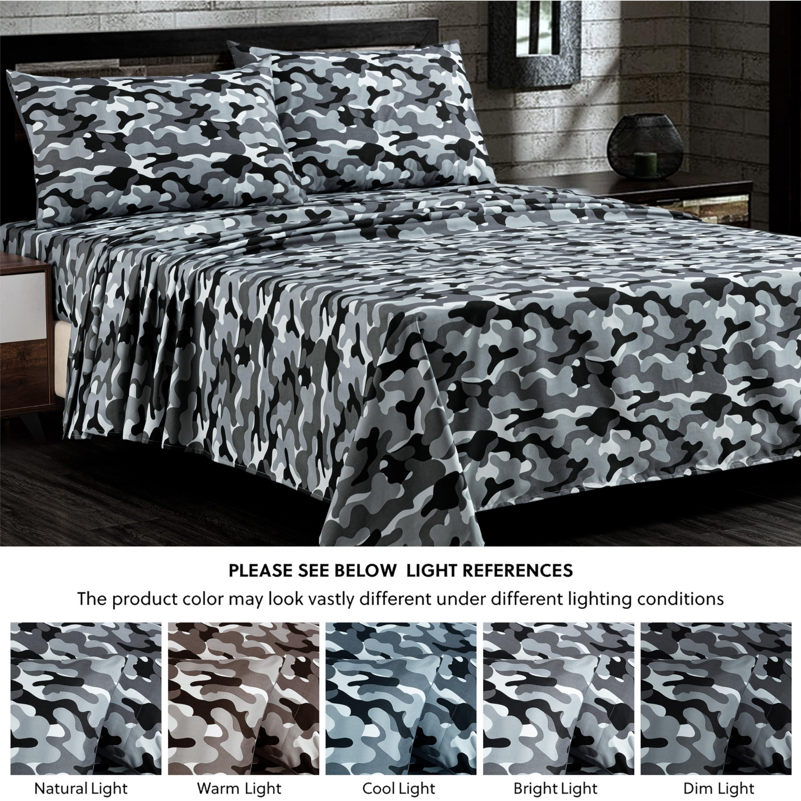 Chezmoi Collection Juego de sábanas de camuflaje militar, 4 piezas, juego de sábanas y fundas de almohada de microfibra con estampado de camuflaje negro y gris, suave, transpirable, tamaño King