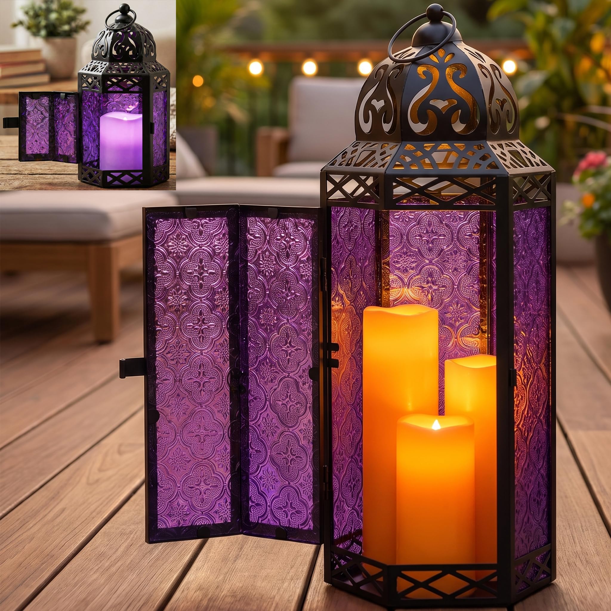 Vela Lanterns Zestaw 3 lampionów marokańskie świeczniki dekoracyjne na podłogę Ramadan dekoracja wnętrz dekoracja domu na zewnątrz patio ganek Halloween ślub fioletowy kolor