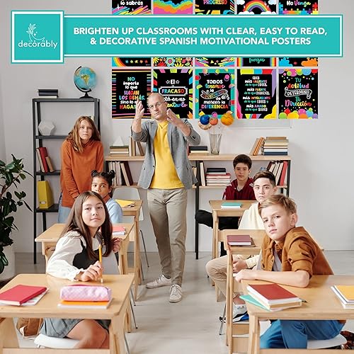 Miniatura 6 de Decorably 15 vibrantes carteles motivacionales de pizarra española para el aula, secundaria, primaria, 11 x 14 pulgadas, laminado mate, póster