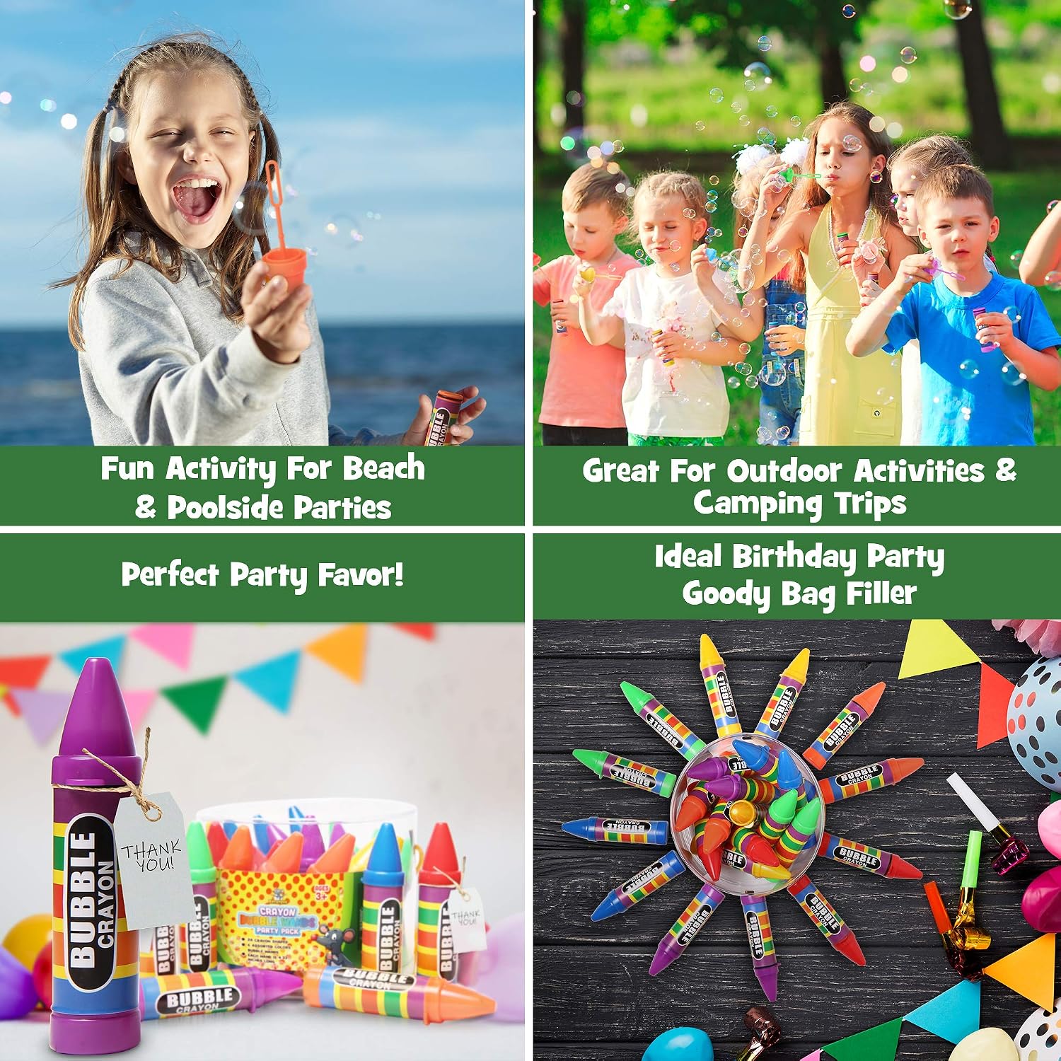 Crayon Bubble Wands for Kids Party Pack, 24 Pc Set, 6 Assorted Colors with Long Dip Sticks and Non-Toxic Solution for Large Bubble Blowing Fun, Birthday Party Favors