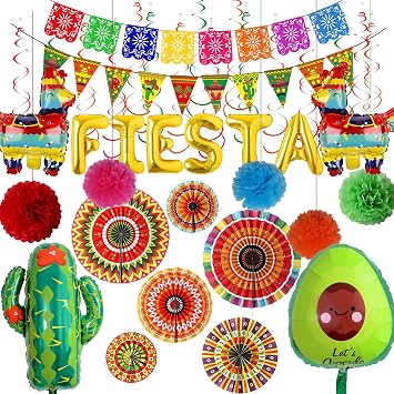 Mexican Fiesta Party Decorations Supplies - 32 Pcs Pinata Cactus Foil Balloons Crepe Paper Streamers Banner Papel Picado Paper Fans Flowers For Cinco De Mayo Taco Party Birthday Set