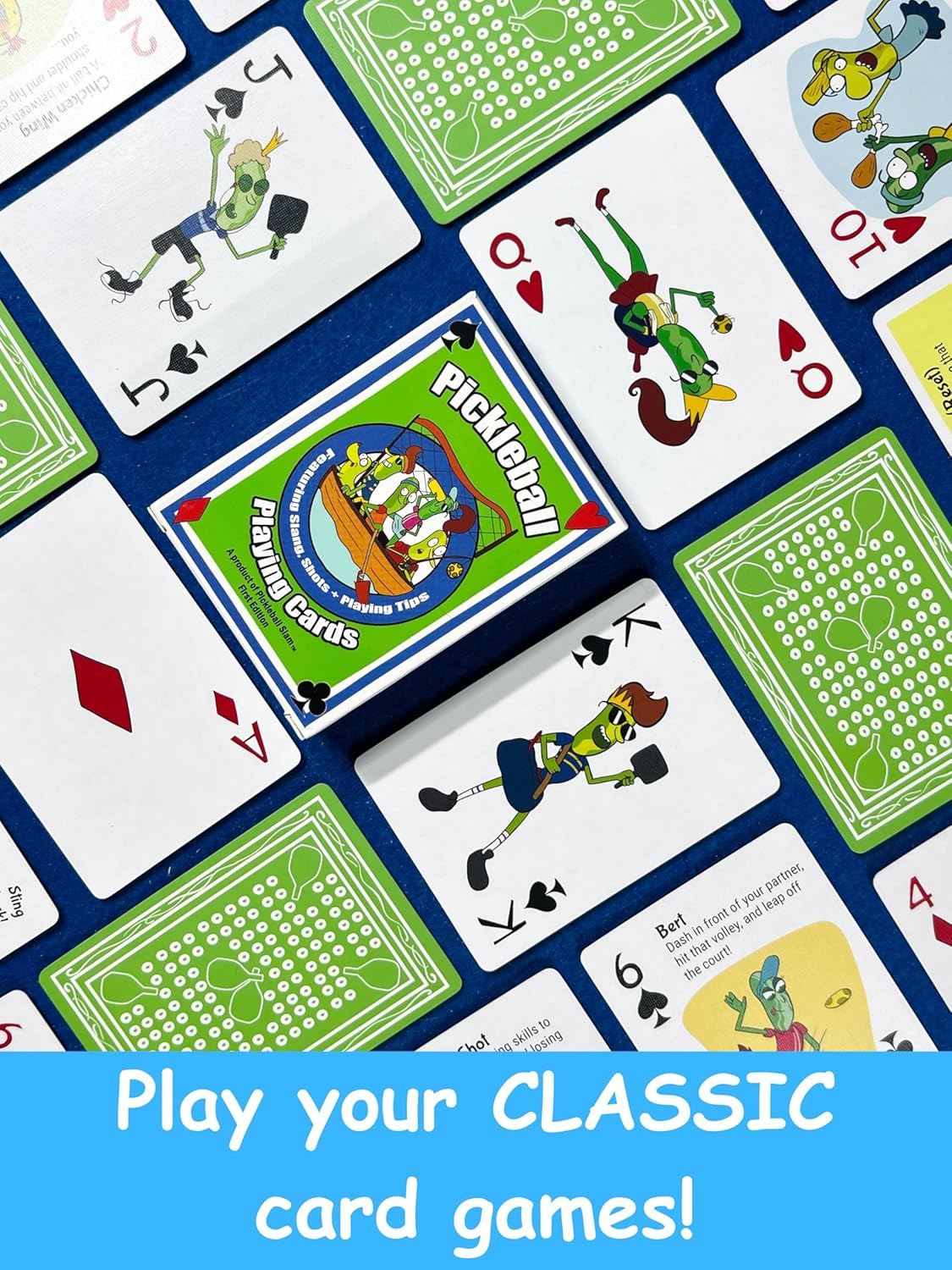 Pickleball Playing Cards – Featuring Slang, Shots & Playing Tips – Standard 52-Card Deck for Poker, Rummy, Solitaire & More – Fun Art