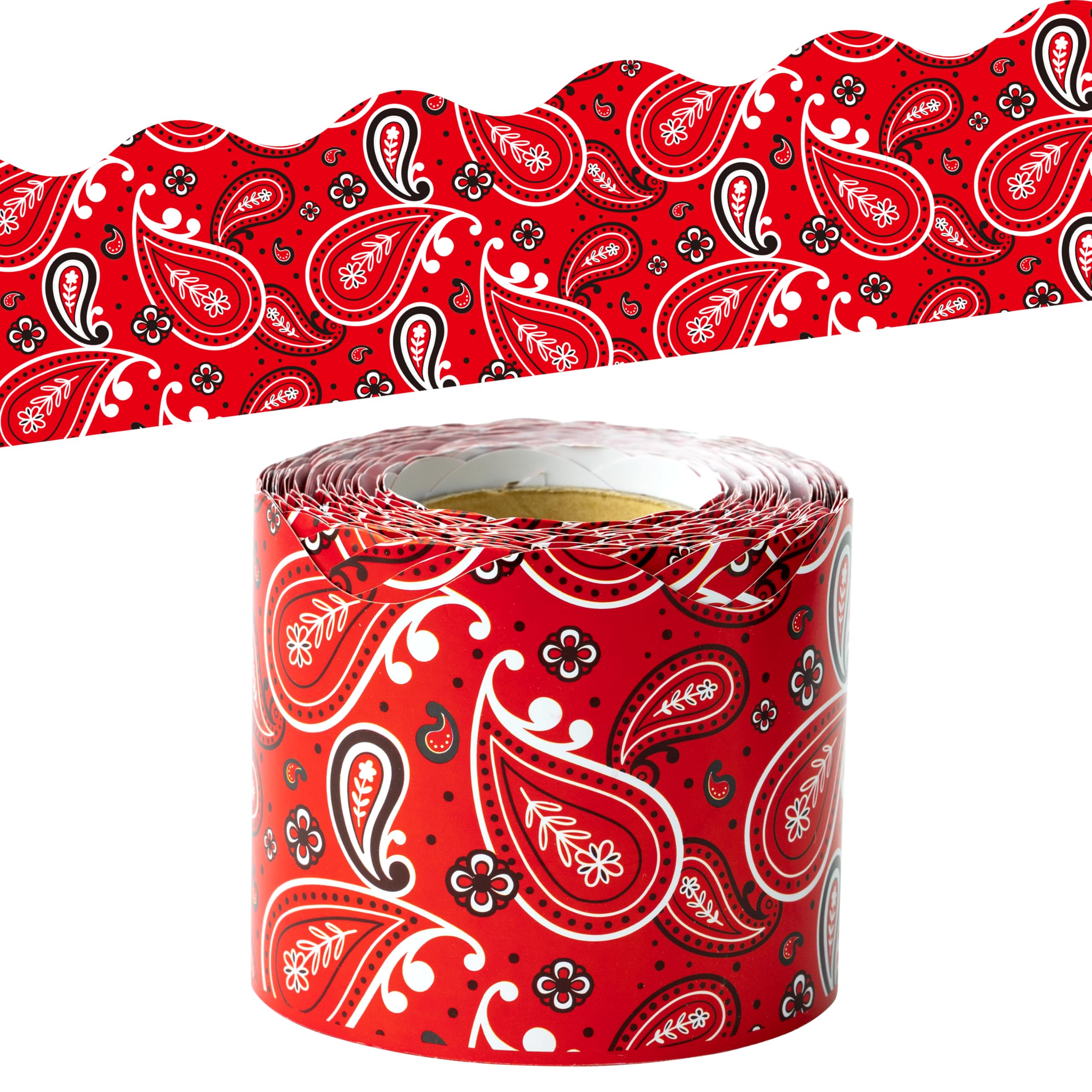 BeYumi Cowboy Bandana Border Trim - 65ft Back to School Western Themed Red Bandana Scalloped Rolled Border Trim Wild West Themed Bulletin Board Set