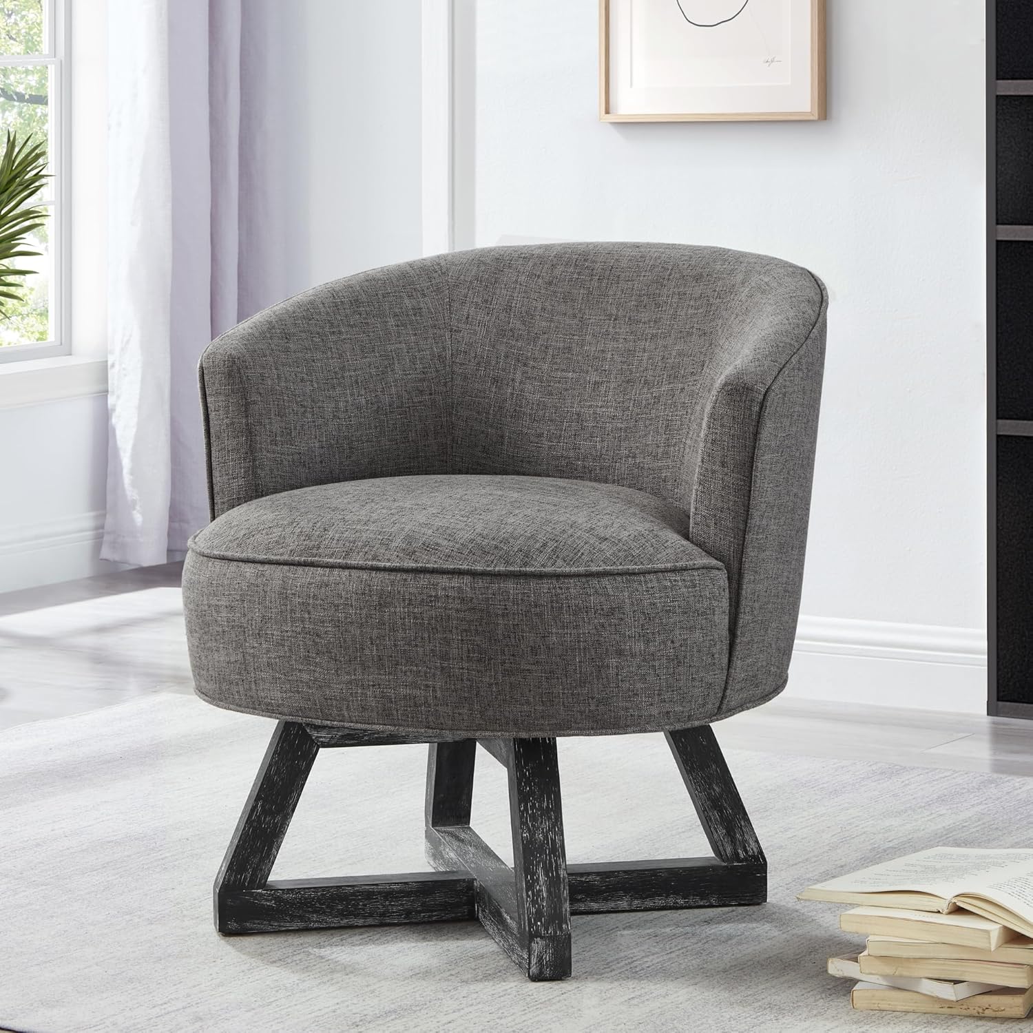 LUMISOL 360° Swivel Chair with Cross Shaped Wooden Base and Solid Wood Legs, Linen Swivel Chair with Upholstered Seats with Curved Backs for Living Room, Bedroom, Office, Light Blue