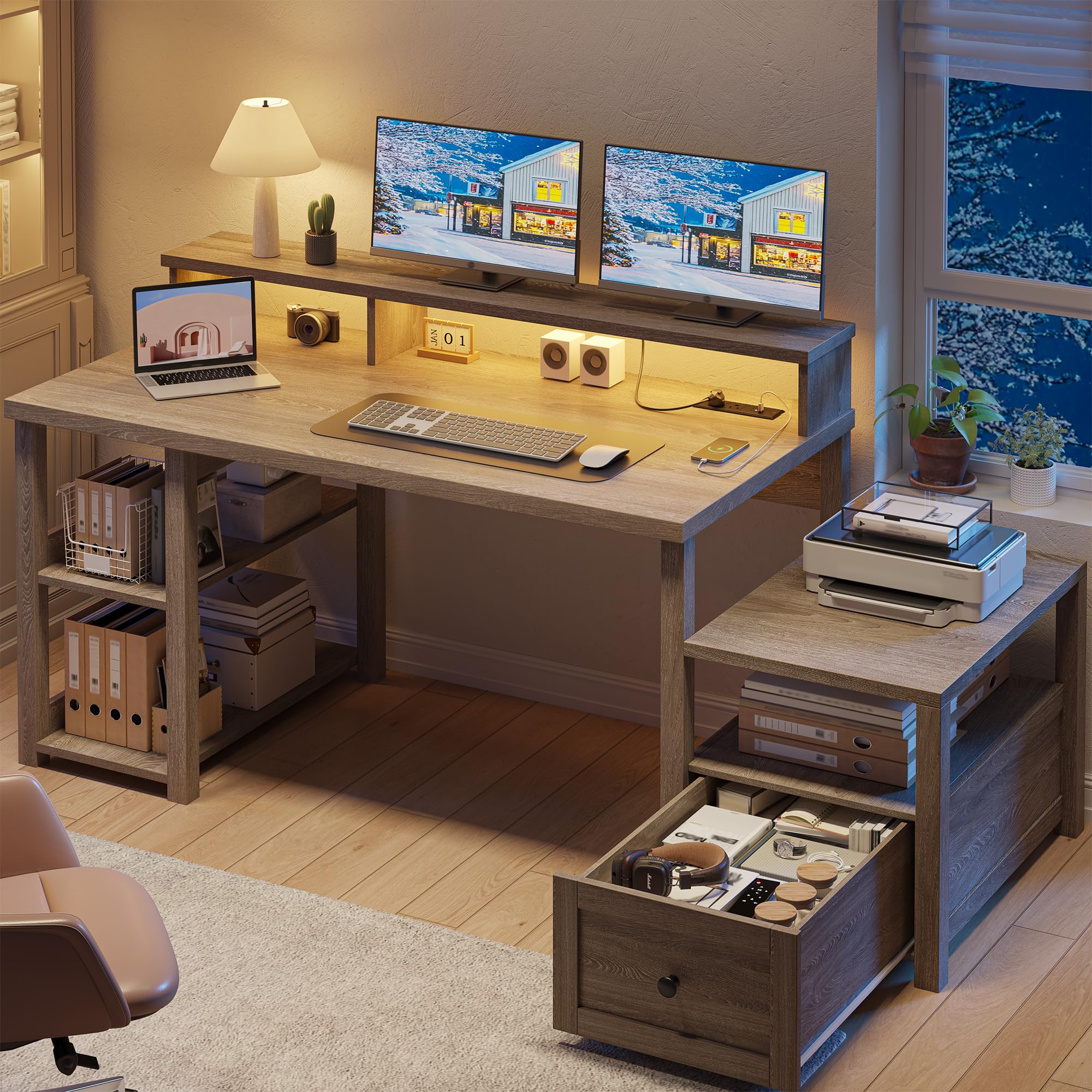 EnHomee 60.4" Computer Desk with Drawer & Power Outlet, Gaming Desk with LED Light, Office Desk with Monitor Stand, Farmhouse Study Desk, Work Desk