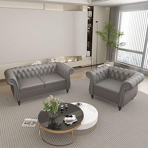 Miniatura 35 de QHITTY Juego de 2 piezas para sala de estar, Sofá Seccional Chesterfield Silla Contemporáneo Tapizado de Terciopelo Loveseat Juego de Sofás para
